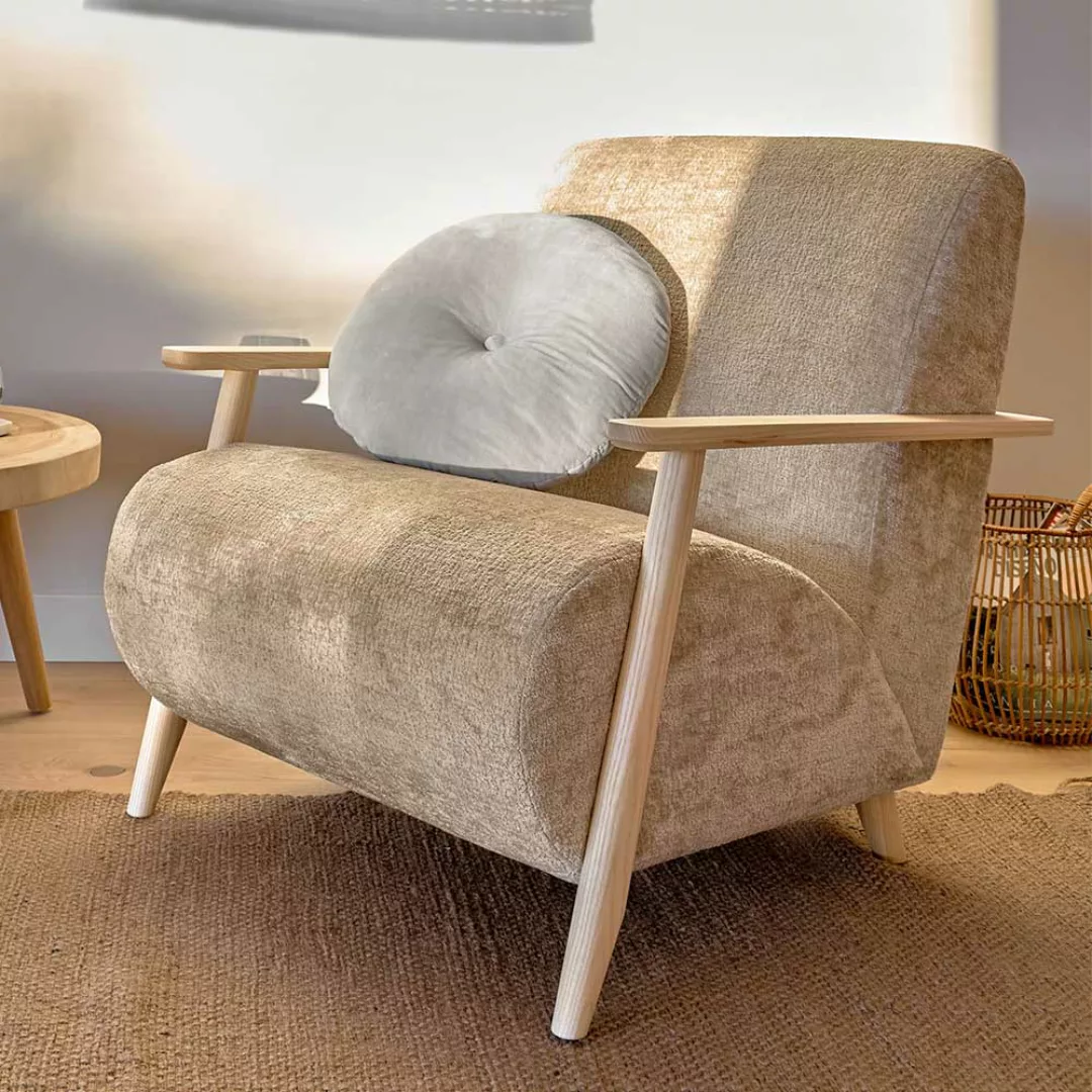 Mid Century Sessel in Beige Chenille Holz Armlehnen günstig online kaufen