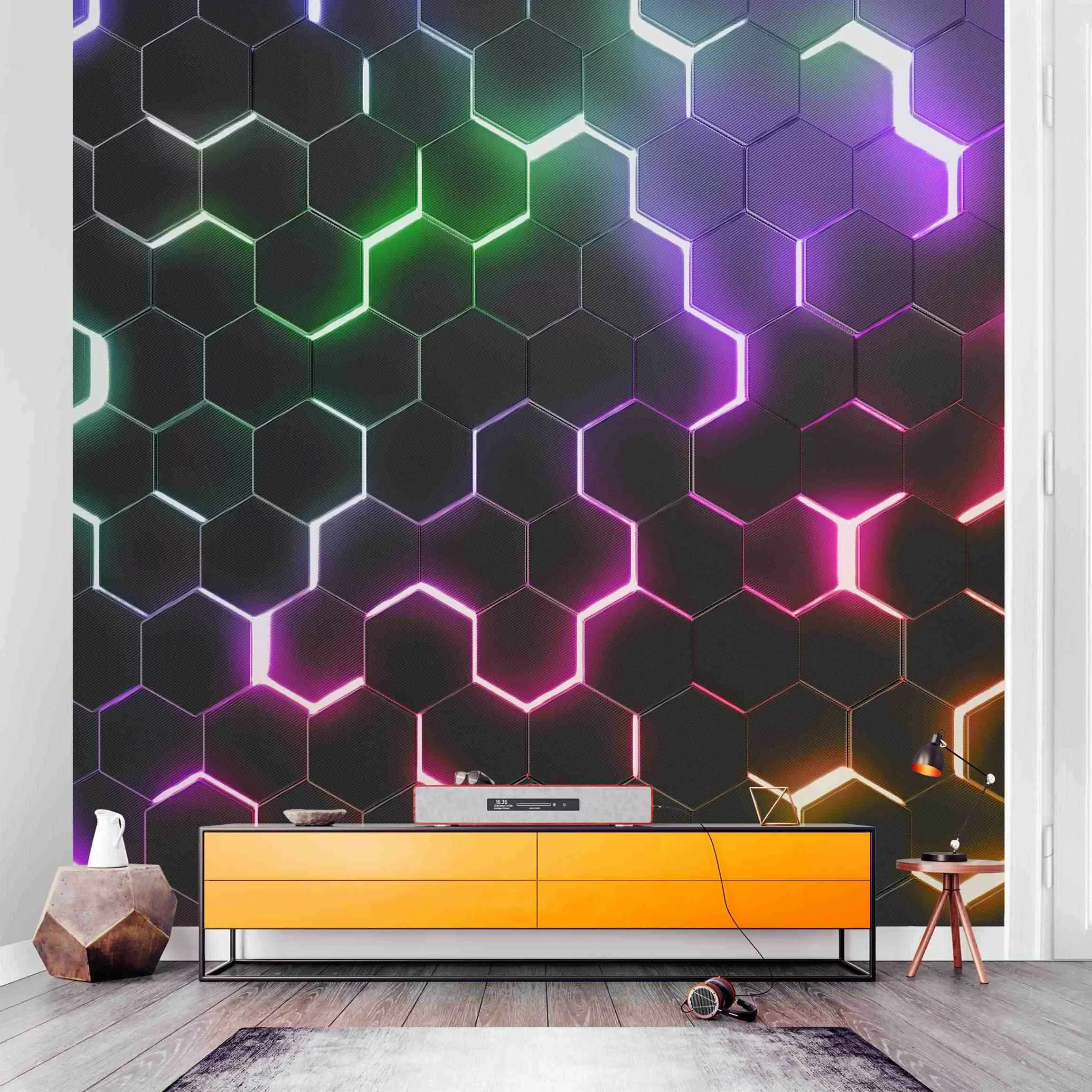 Fototapete Strukturierte Hexagone mit Neonlicht günstig online kaufen