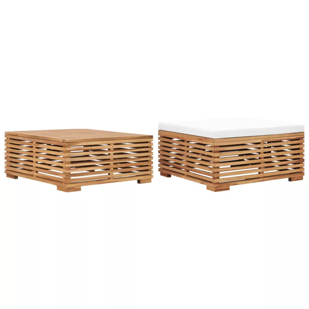 Gartentisch Und Fußhocker Set Mit Creme Kissen Teak Massivholz günstig online kaufen