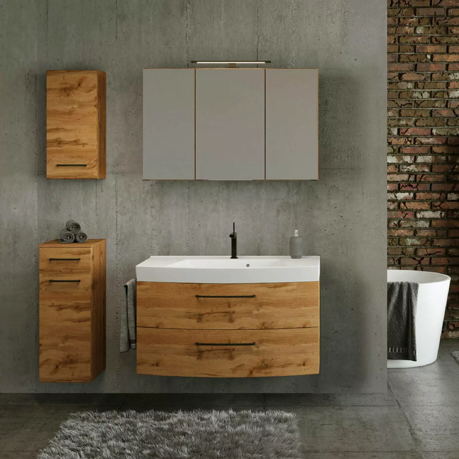 Badezimmer Waschtisch Set mit Spiegelschrank in Wotan Eiche inkl. Waschbeck günstig online kaufen