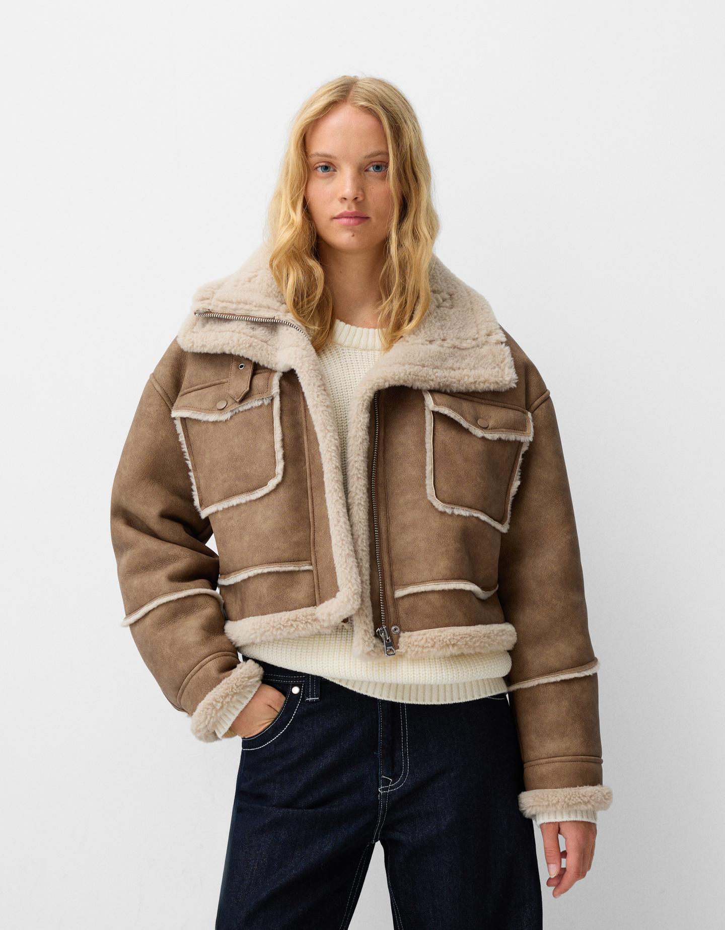 Bershka Doubleface-Kunstlederjacke Damen Xs Camel günstig online kaufen