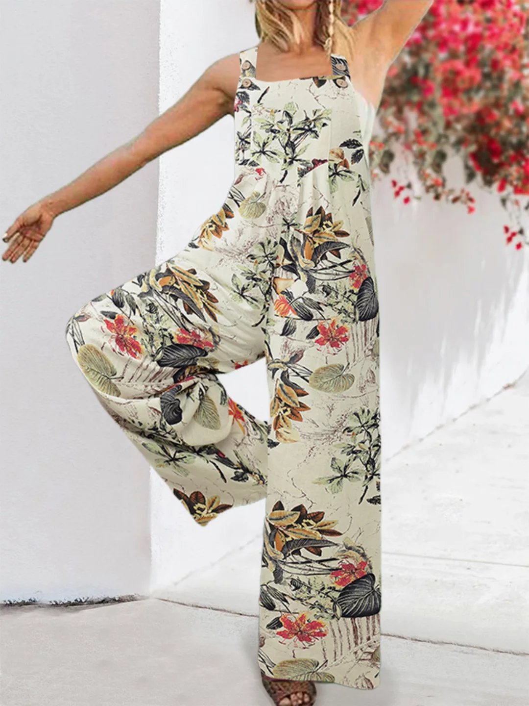 Blumendruck-Taschen mit breitem Bein und ärmellosen Overalls für Damen günstig online kaufen