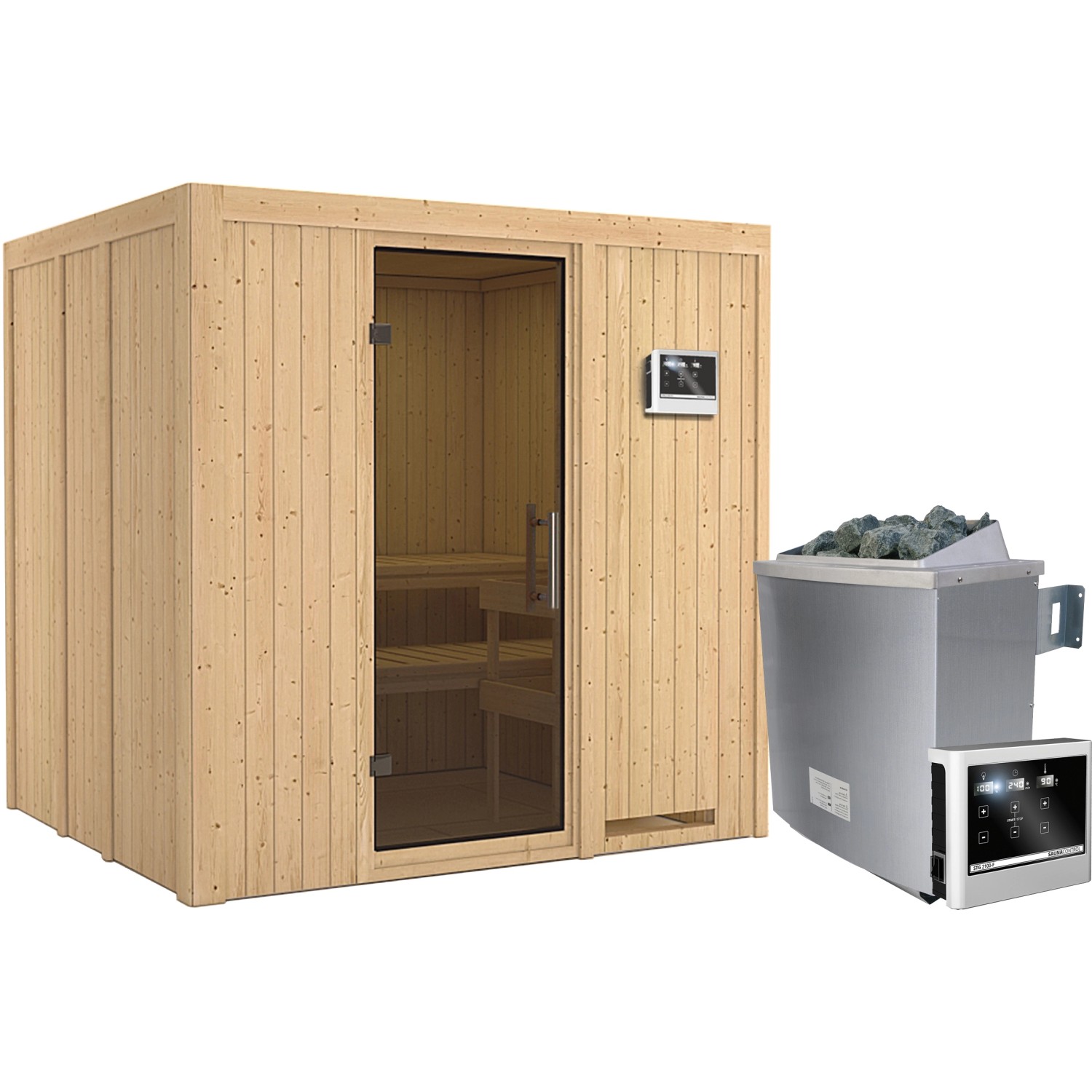 Karibu Sauna-Set Stina inkl. Ofen 9 kW mit ext. Steuerung, Tür Graphit günstig online kaufen