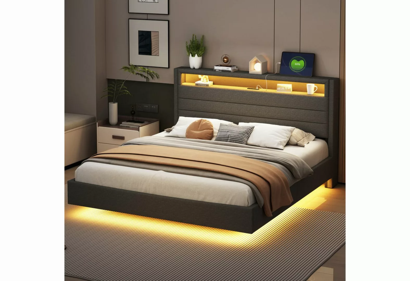 NMonet Polsterbett LED Doppelbett, mit USB-Laden und Stauraum am Kopfteil, günstig online kaufen