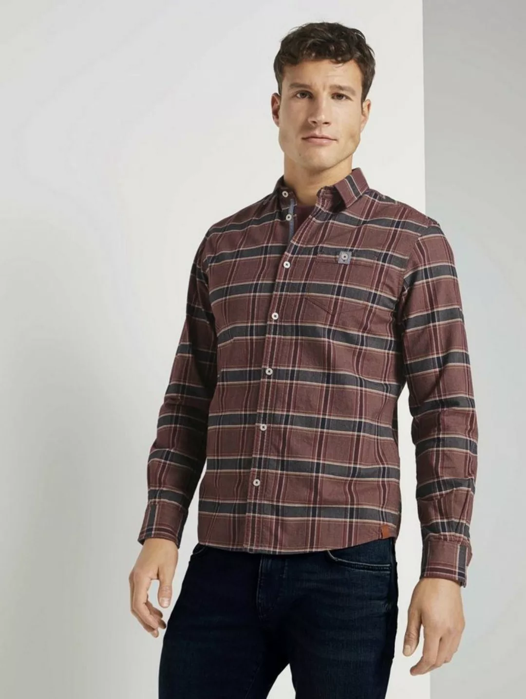 Tom Tailor Langarm Hemd M Burgundy Navy Fil A Fil Check günstig online kaufen