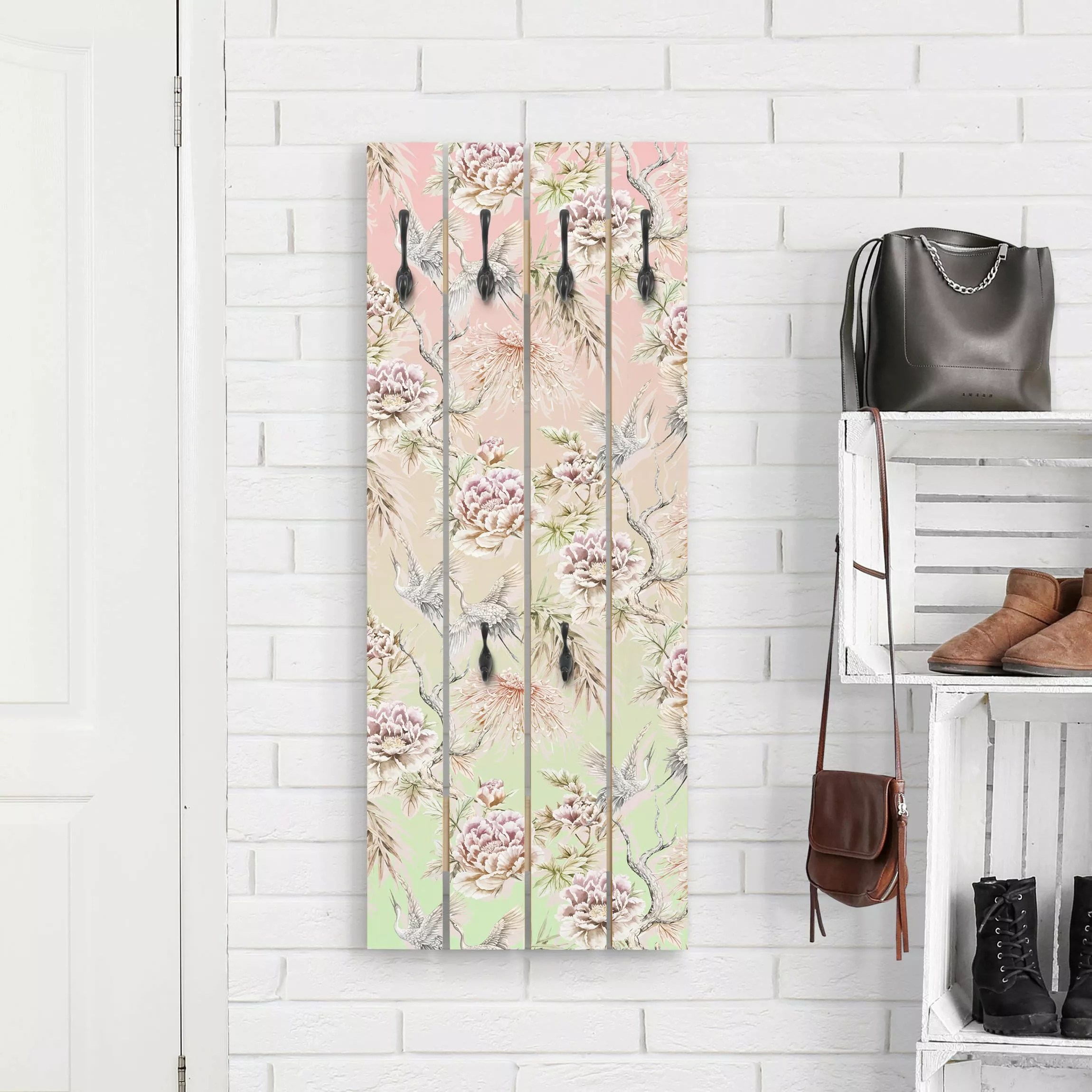 Wandgarderobe Aquarell Vögel mit großen Blüten und Ombre günstig online kaufen