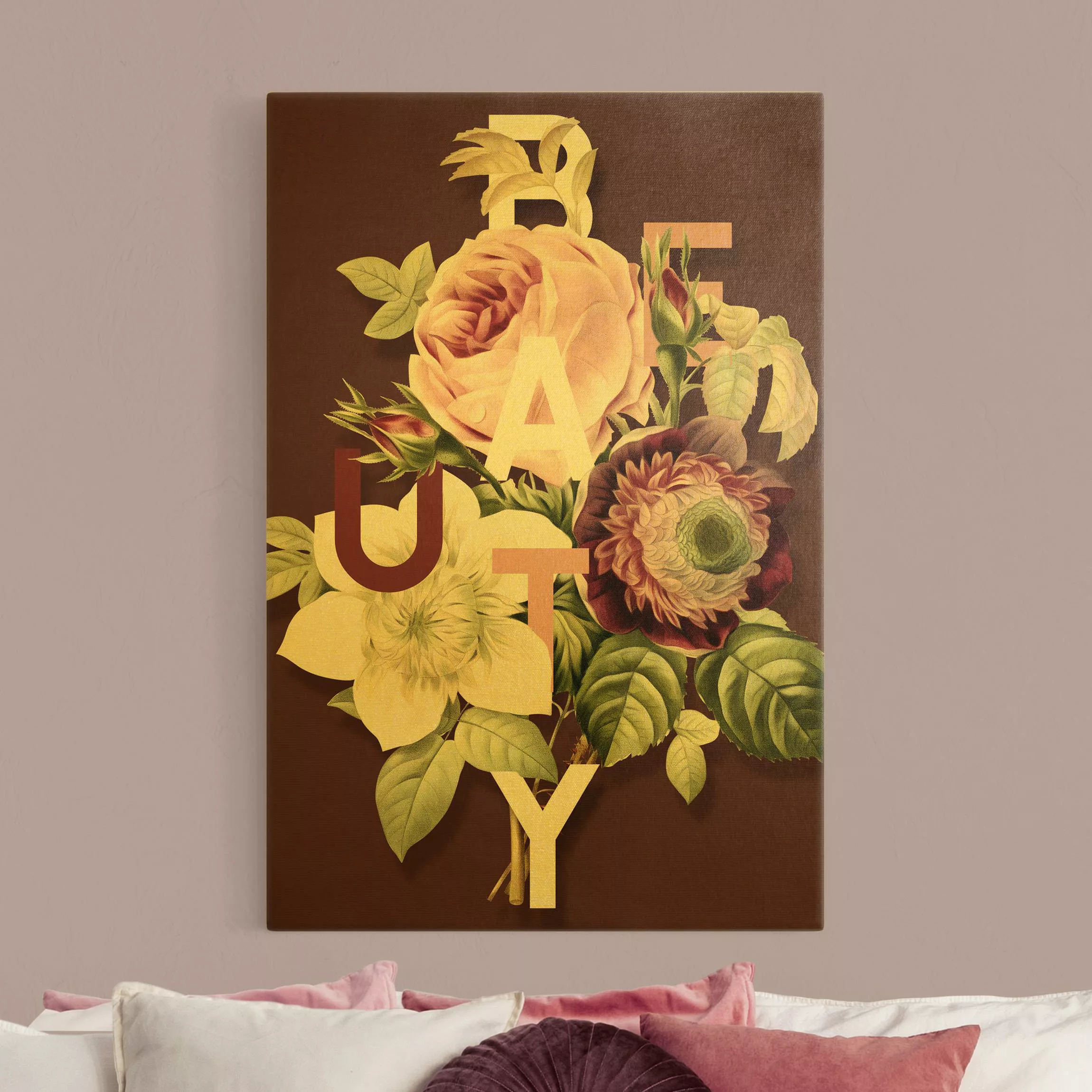 Leinwandbild Gold Florale Typografie - Beauty günstig online kaufen