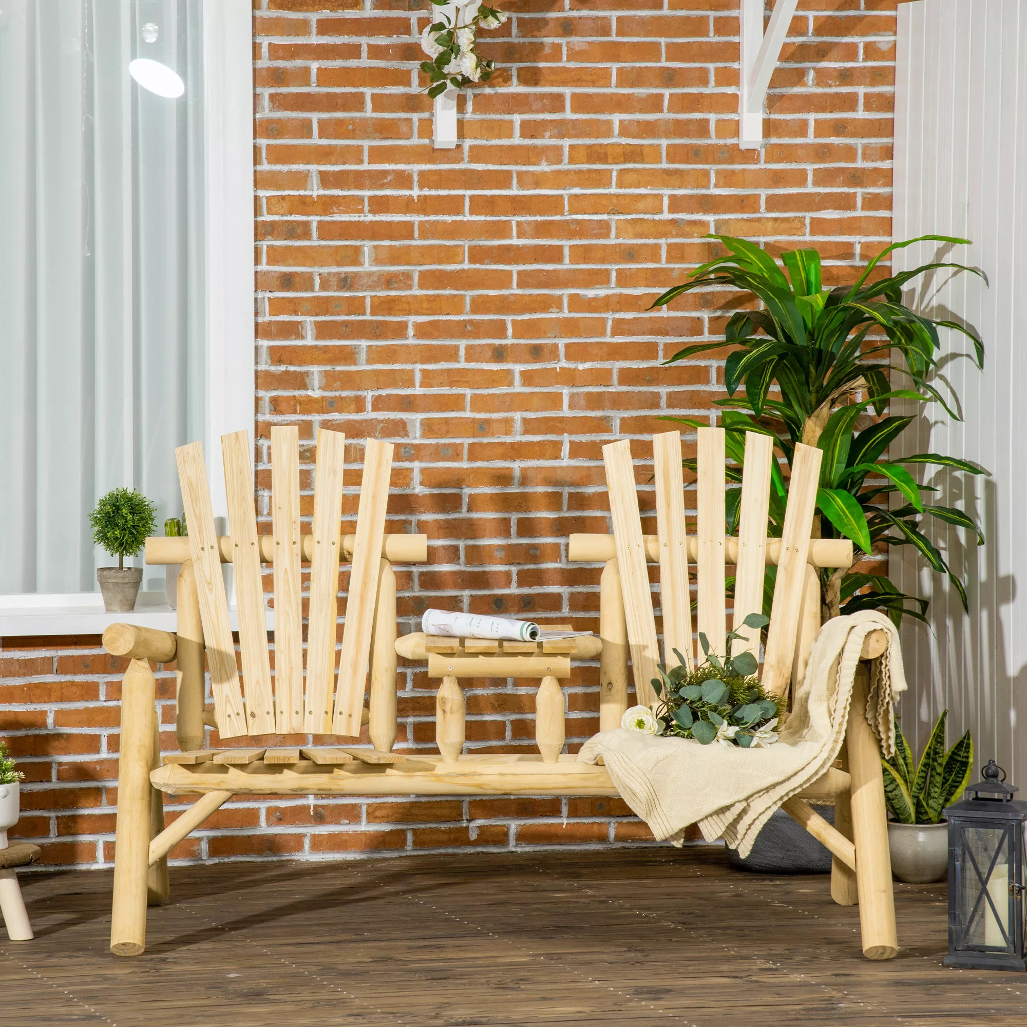 Outsunny Gartenbank mit Tisch, Gartenmöbel, Sitzbank, 2 Stühle, Massivholz, günstig online kaufen