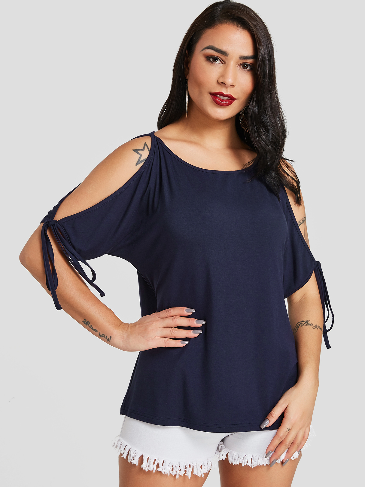 YOINS Navy Cold Shoulder Tie-up an den Manschettenärmeln T-Shirt günstig online kaufen