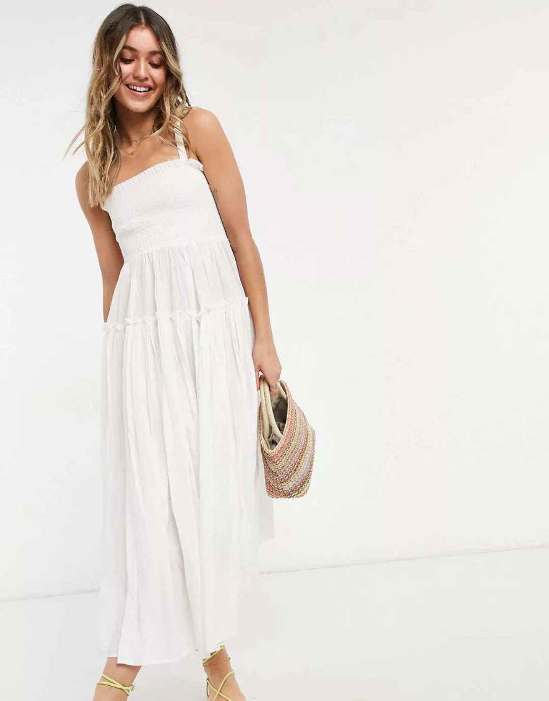 ASOS DESIGN – Midi-Camisole-Sommerkleid mit unversäubertem Saum in Weiß günstig online kaufen