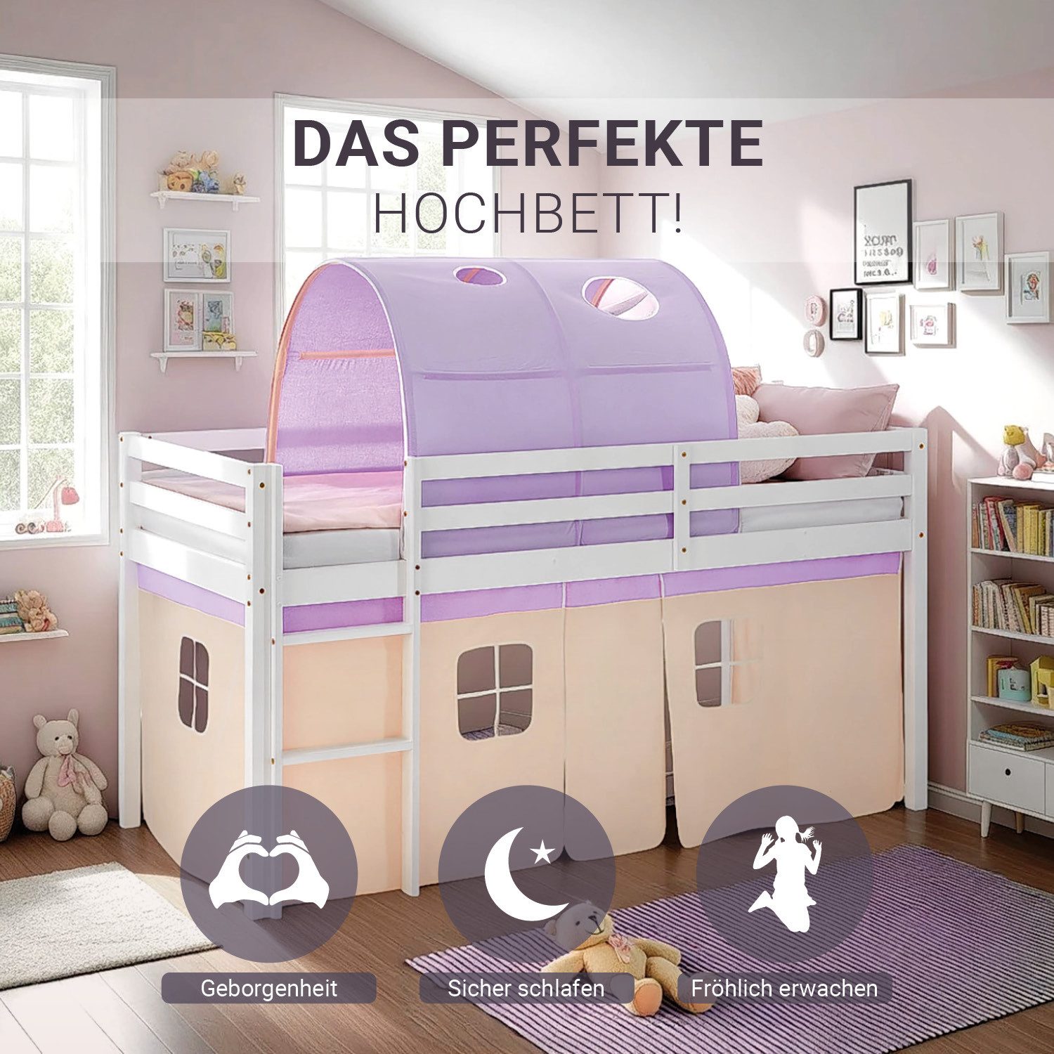 Homestyle4u Kinderbett Hochbett 90x200 mit Lattenrost Tunnel Vorhang Lila O günstig online kaufen
