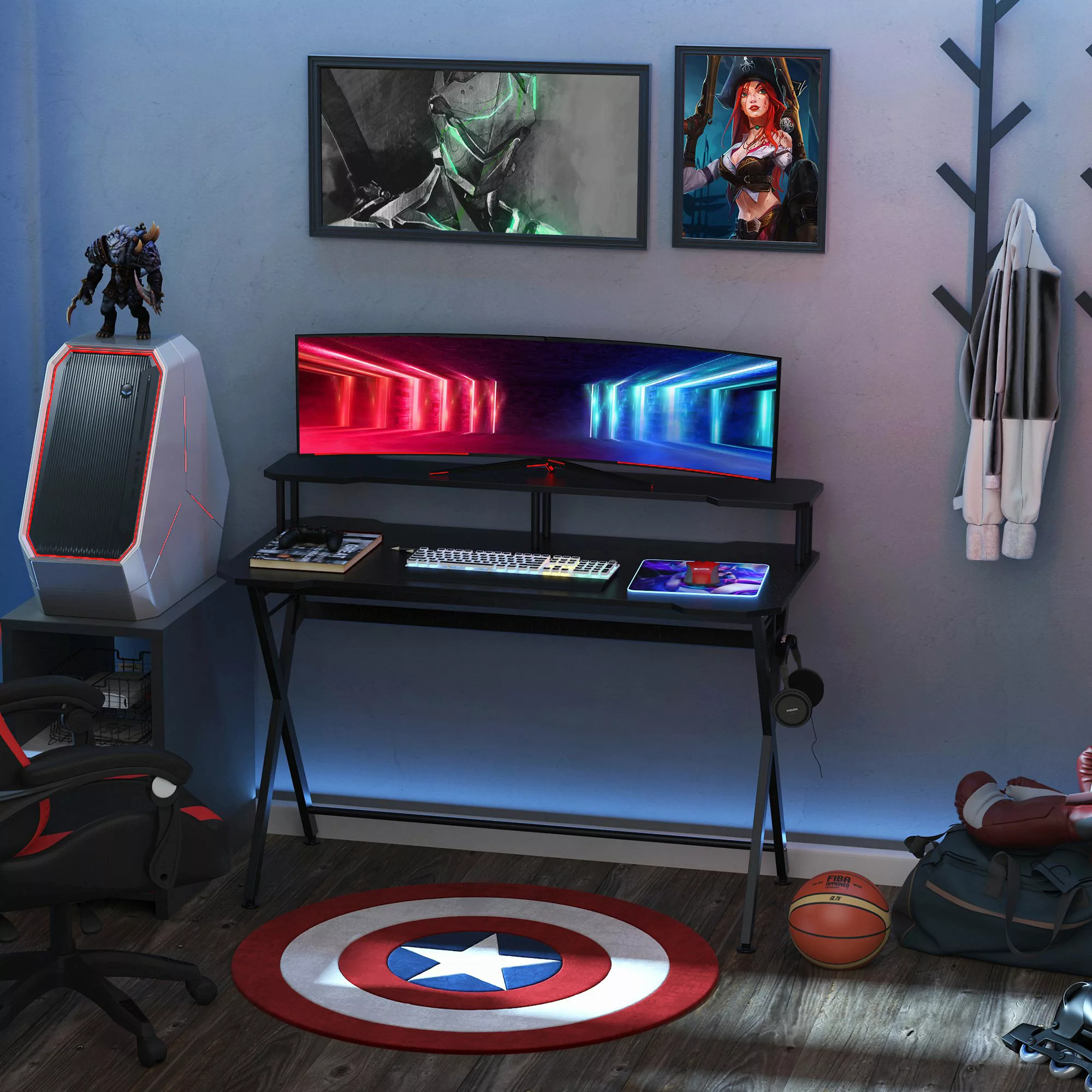 HOMCOM Gaming-Tisch Schreibtisch mit Kopfhörerhaken Computertisch Stahl + M günstig online kaufen