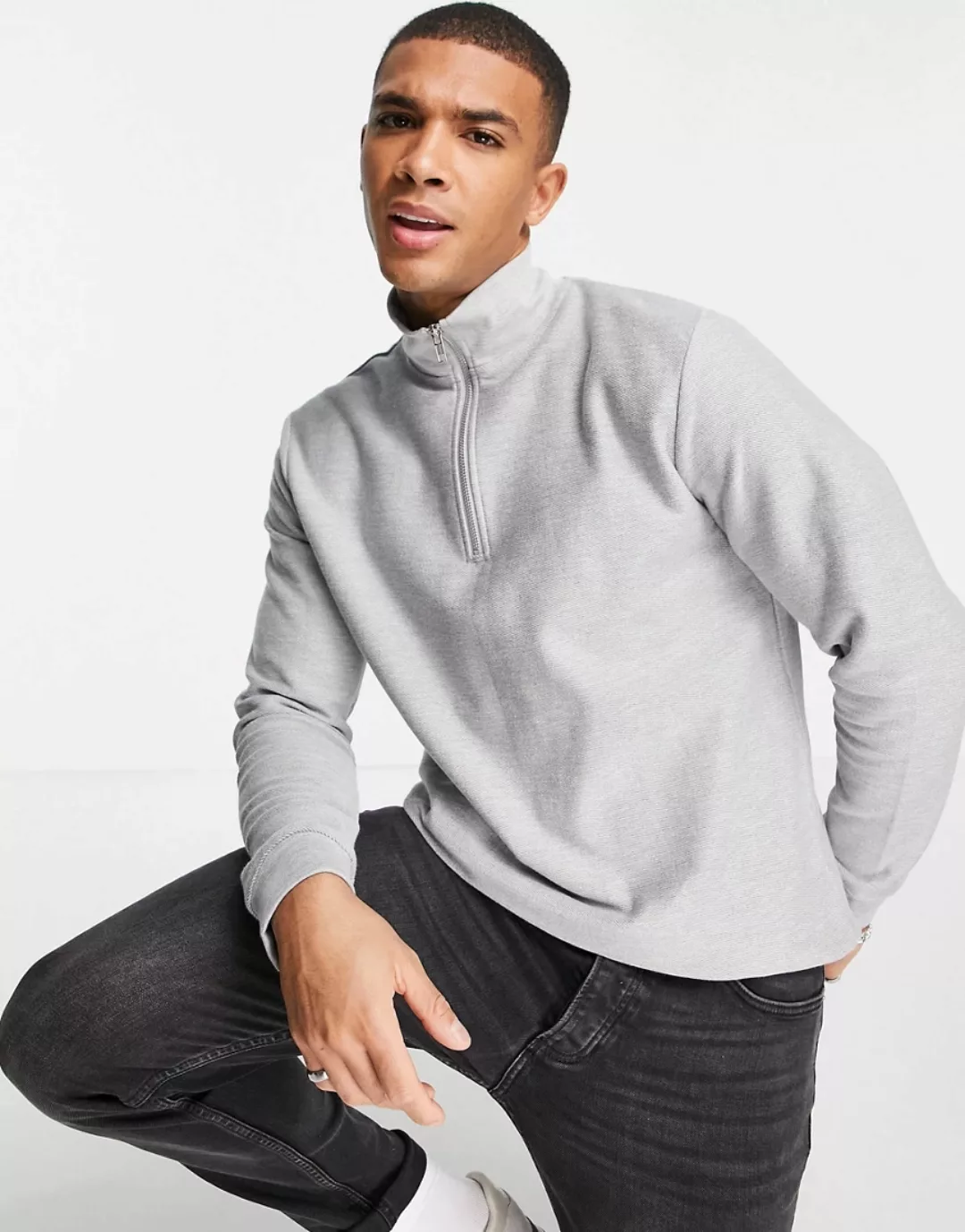 Topman – Sweatshirt aus Twill in Grau mit kurzem Reißverschluss günstig online kaufen