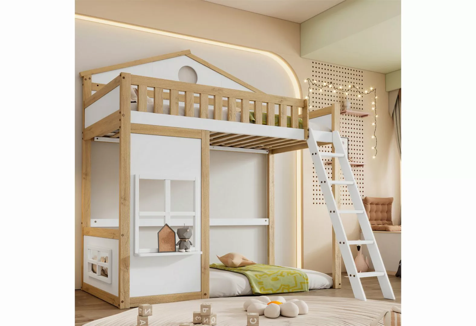 autolock Etagenbett Etagenbett, Kinderbett mit Treppe, Weiß+Natur, 90x200cm günstig online kaufen