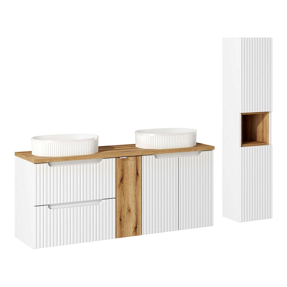 Badmöbel Set 2-teilig mit 140cm Waschtisch, weiß und Eiche, NEWPORT-56-WHIT günstig online kaufen