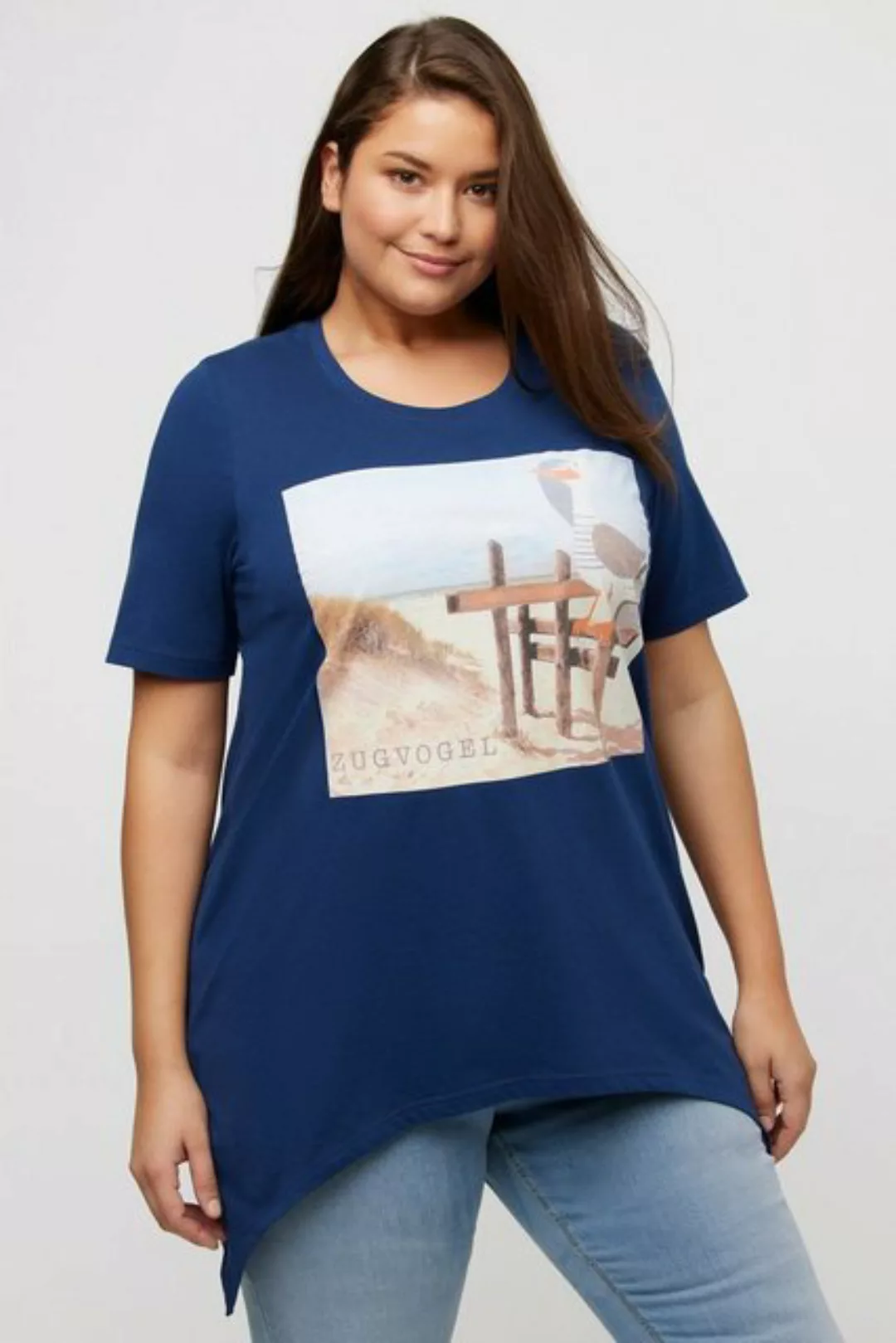 Ulla Popken Rundhalsshirt T-Shirt Strand A-Linie Zipfelsaum Rundhals Halbar günstig online kaufen