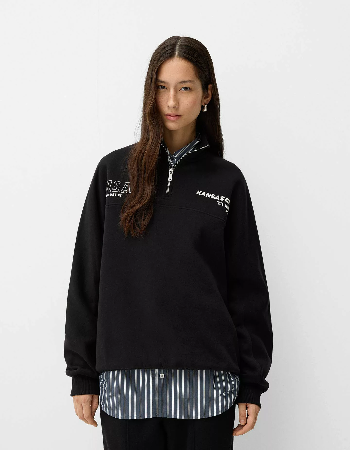 Bershka Bedruckte Sweatshirtjacke Damen M Schwarz günstig online kaufen