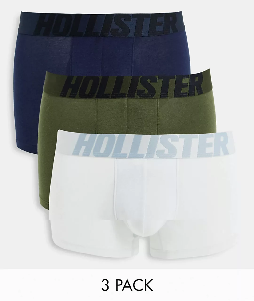 Hollister – 3er-Pack Unterhosen mit Ton-in-Ton-Logobund in Grau/Grün/Marine günstig online kaufen