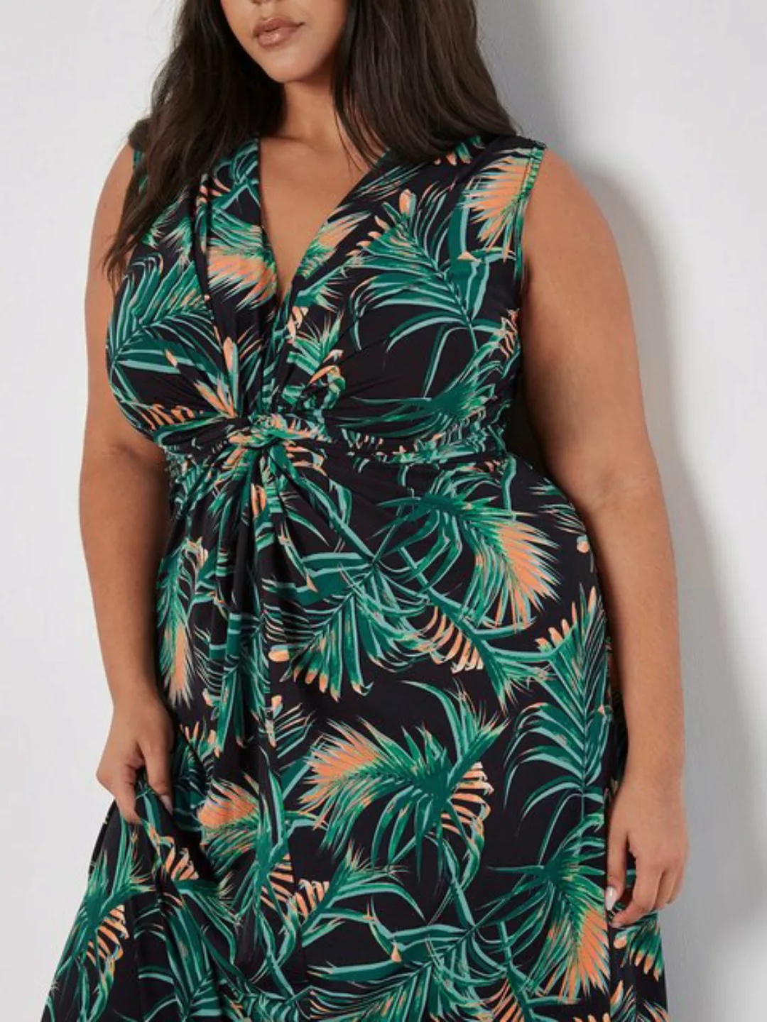 Apricot Sommerkleid mit Palmenmuster, Knoten vorne günstig online kaufen