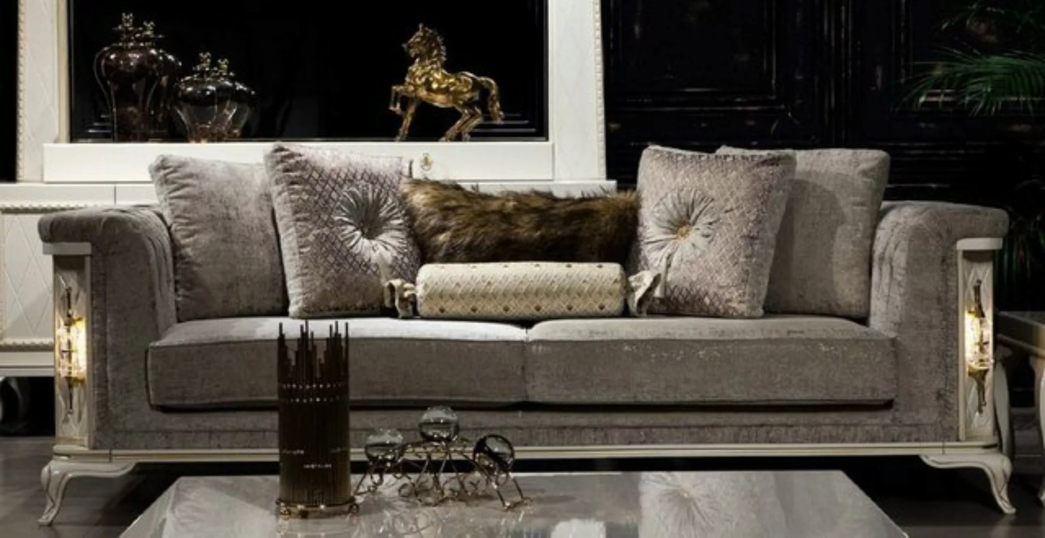 Casa Padrino Sofa Luxus Barock Sofa Grau / Weiß / Gold - Beleuchtetes Wohnz günstig online kaufen