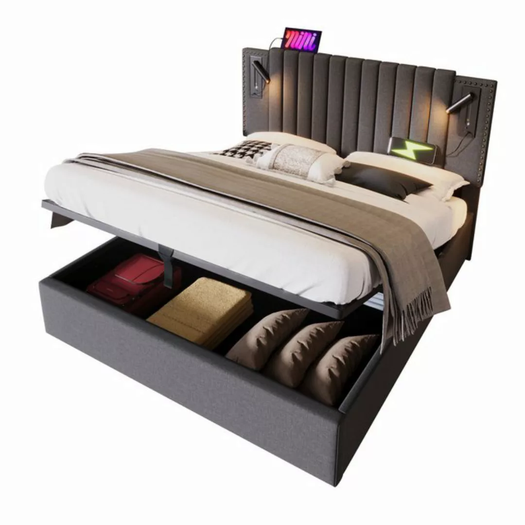 Gotagee Polsterbett USB Baumwolle Doppelbett Stauraumbett Flaches Bett Grau günstig online kaufen