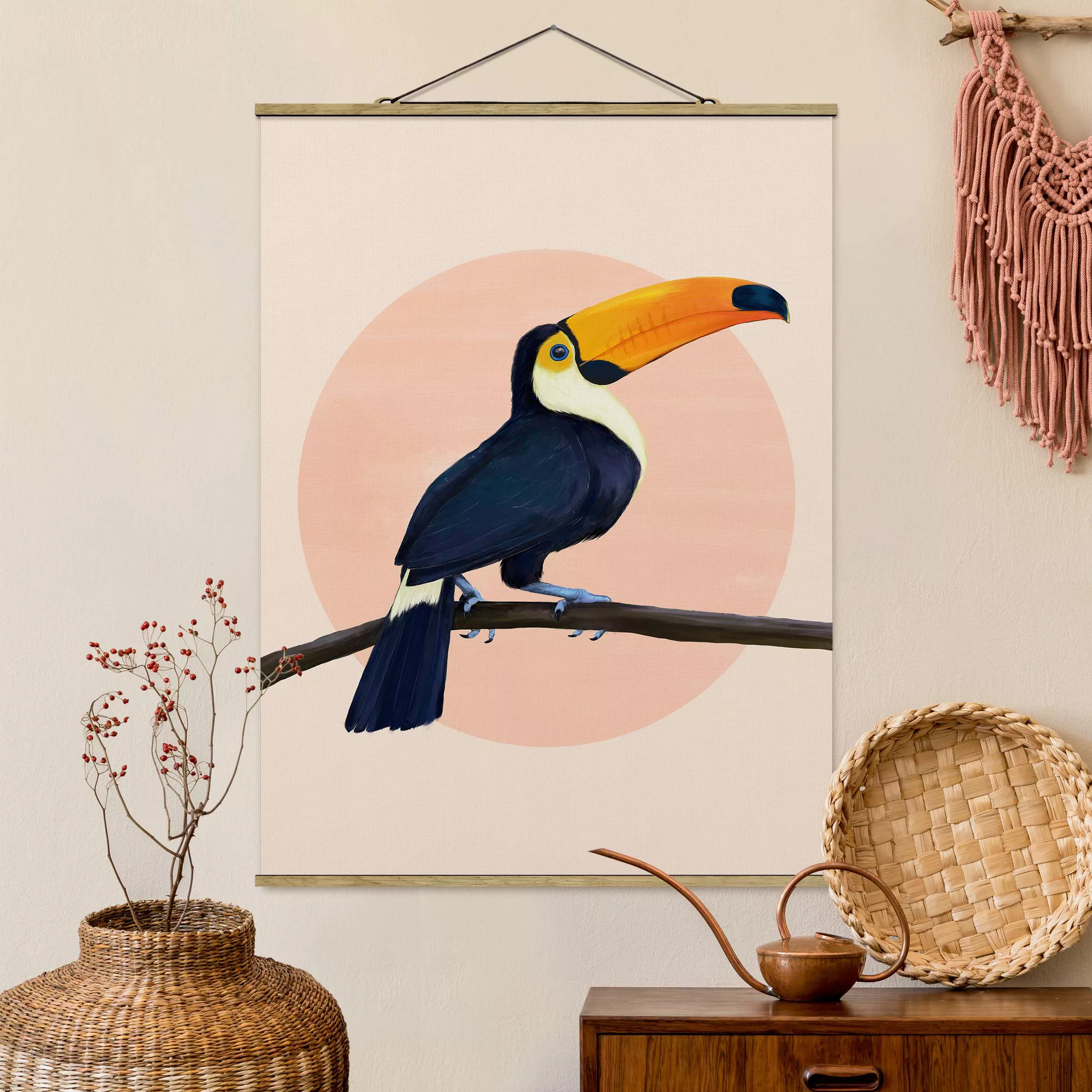 Stoffbild Tiere mit Posterleisten - Hochformat Illustration Vogel Tukan Mal günstig online kaufen