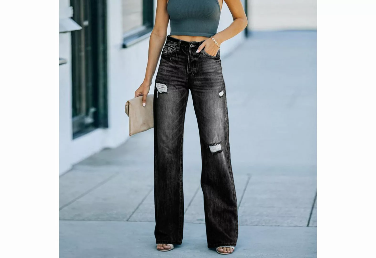 KIKI Destroyed-Jeans Modische Damenjeans, zerrissene Denim-Hose mit weitem günstig online kaufen