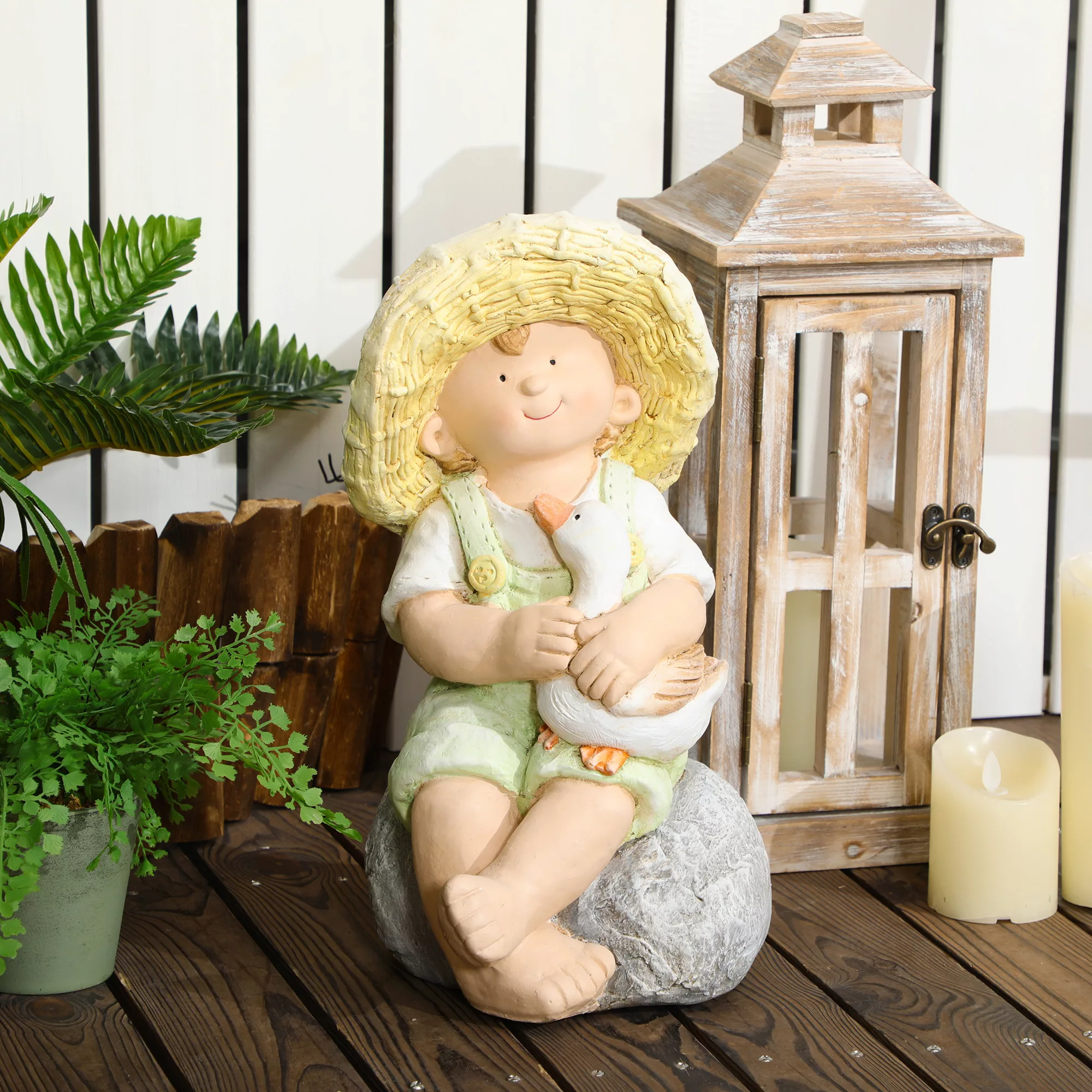 Outsunny Kleiner Junge mit Strohhut  43 cm Wetterbeständige Gartenstatue, O günstig online kaufen