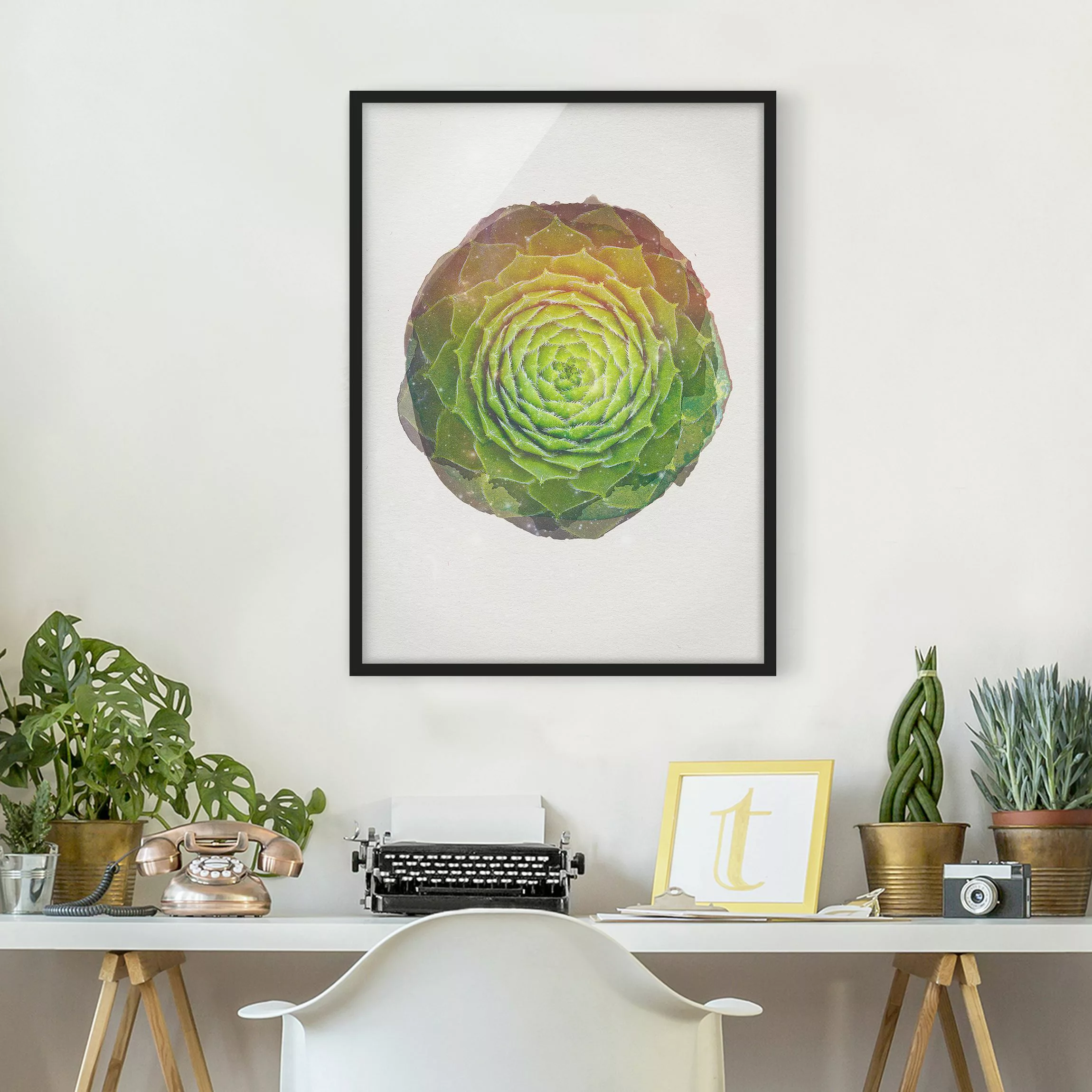 Bild mit Rahmen - Hochformat Wasserfarben - Mandala Sukkulente günstig online kaufen