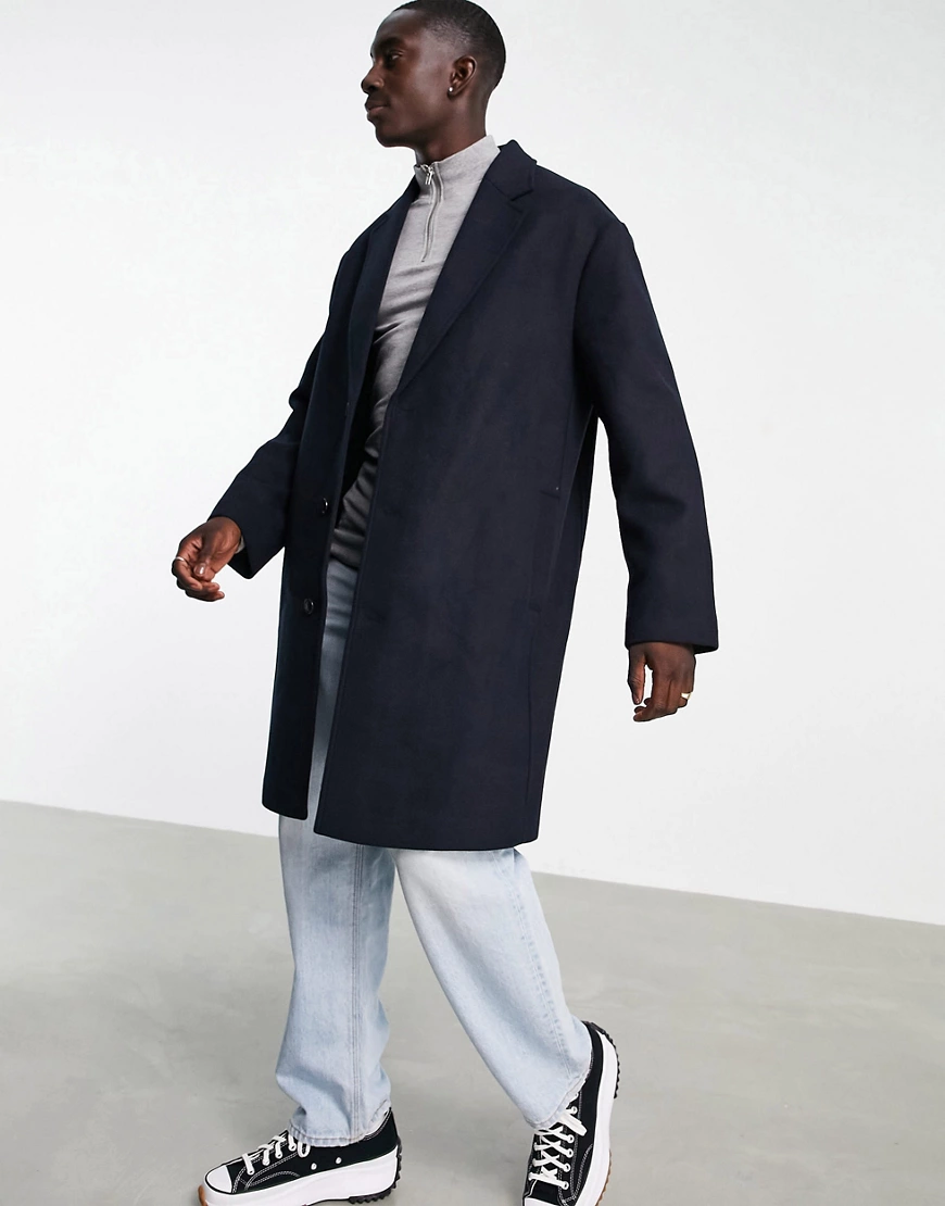 ASOS DESIGN – Mantel mit lockerem Schnitt aus Wollmischung in Marineblau günstig online kaufen