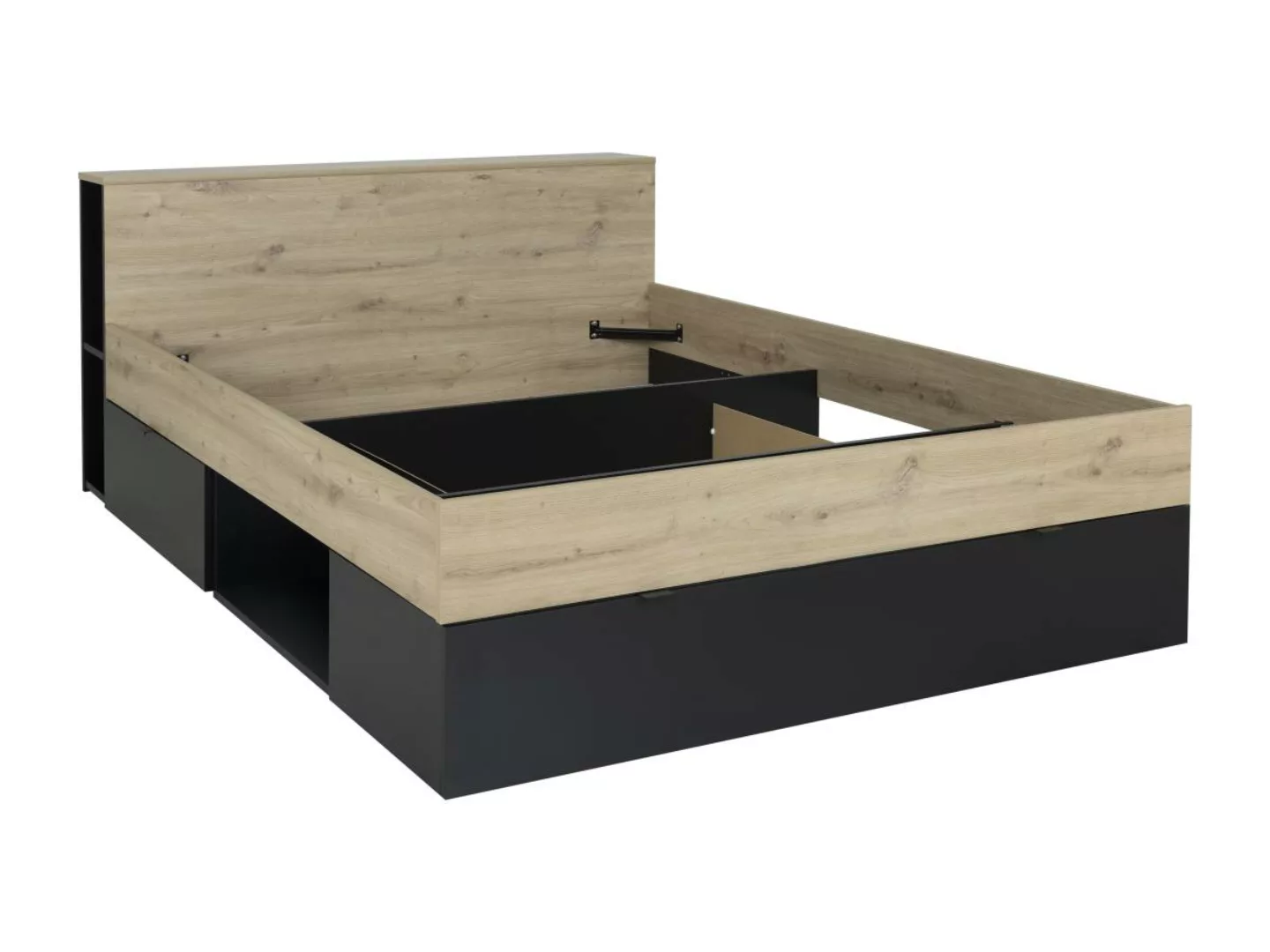 Bett - 140 x 190 cm - 3 Schubladen & 6 Ablagefächer - Holzfarben & Schwarz günstig online kaufen