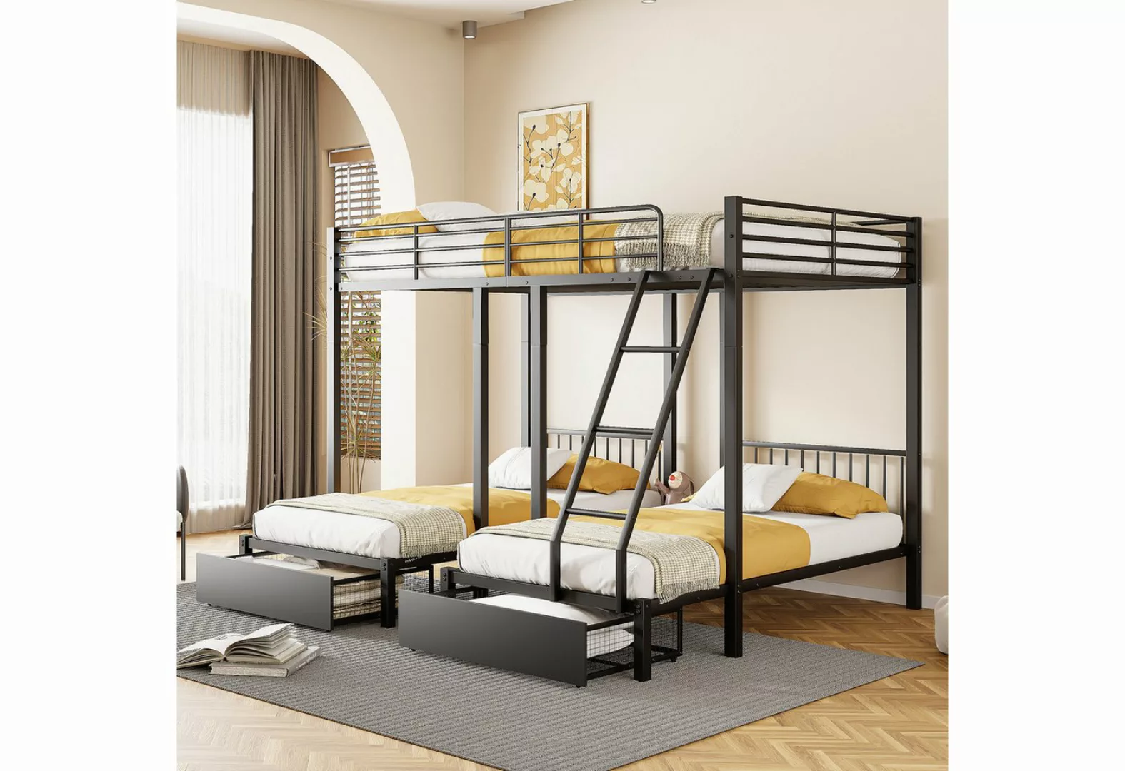 Flieks Etagenbett, Dreierbett Kinderbett Metallbett mit Schubladen 90x200cm günstig online kaufen