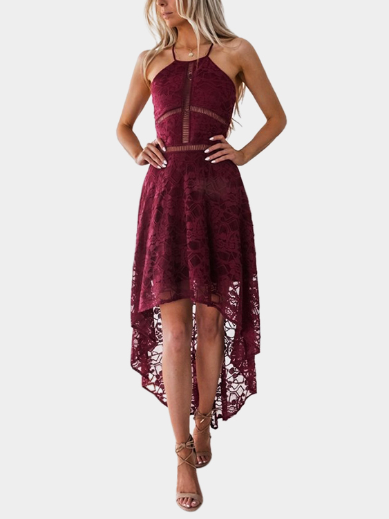 Burgunder Hollow Design Halfter Unregelmäßiger Saum Kleid günstig online kaufen