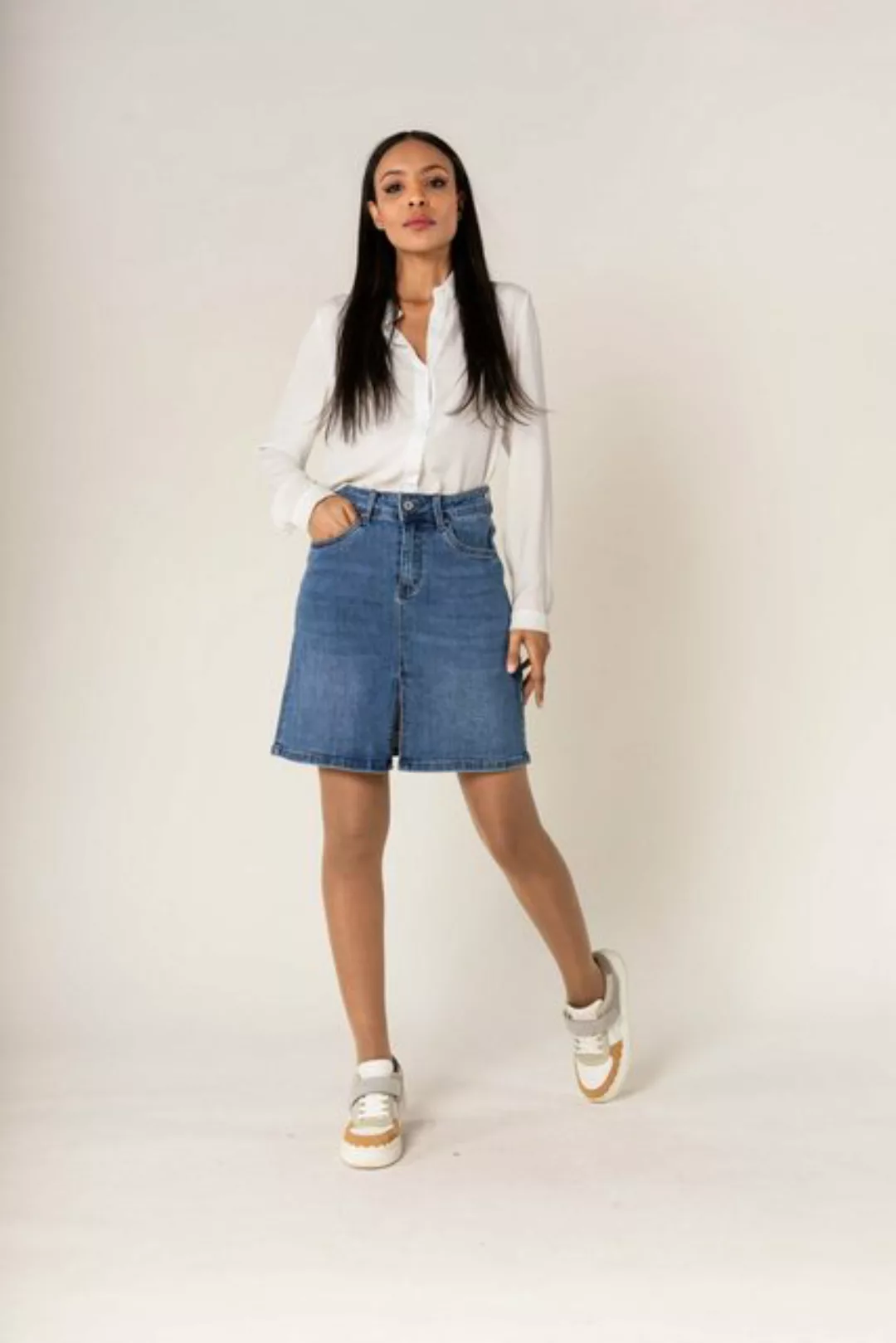 Nina Carter Sommerrock 5-Pocket Mini Jeansrock mit Schlitz Knie Lang Stretc günstig online kaufen