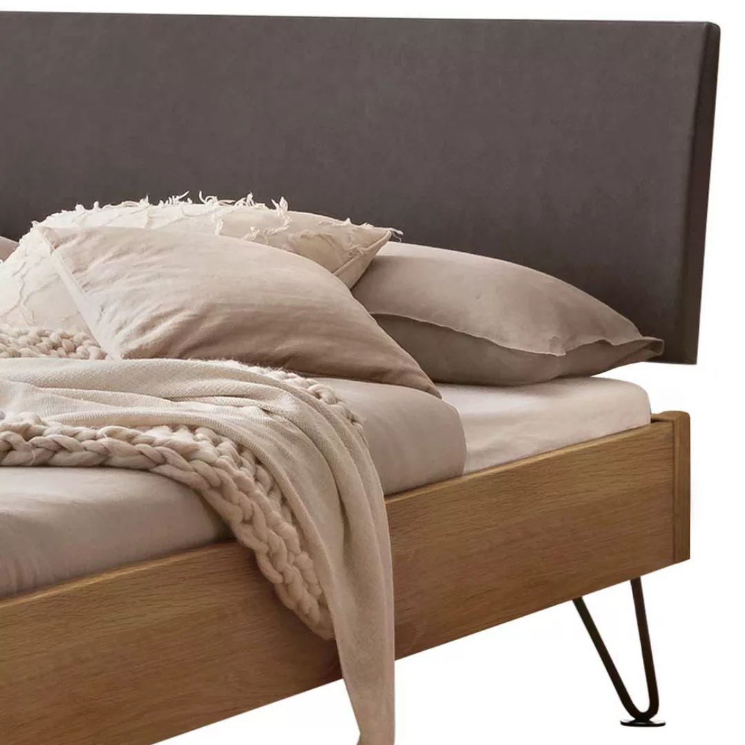 Wildeiche Bett 140x200 mit Polsterkopfteil Dunkelgrau 217 cm tief günstig online kaufen