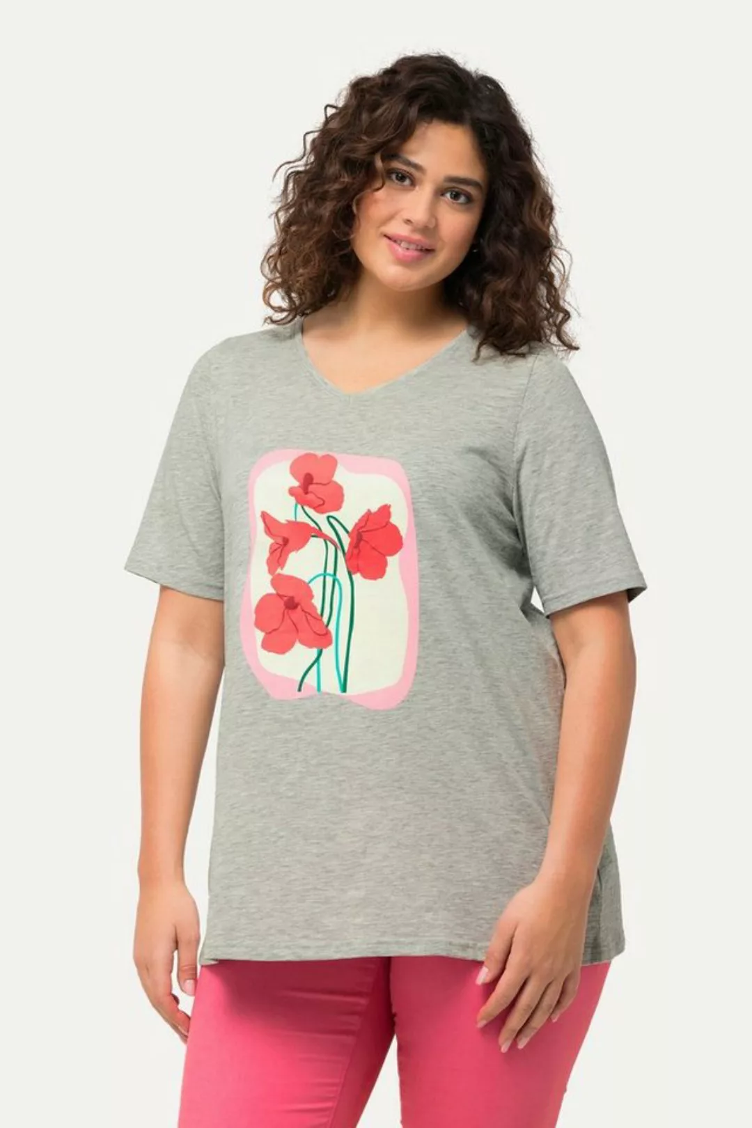 Ulla Popken Rundhalsshirt T-Shirt Blüte A-Linie V-Ausschnitt Halbarm günstig online kaufen