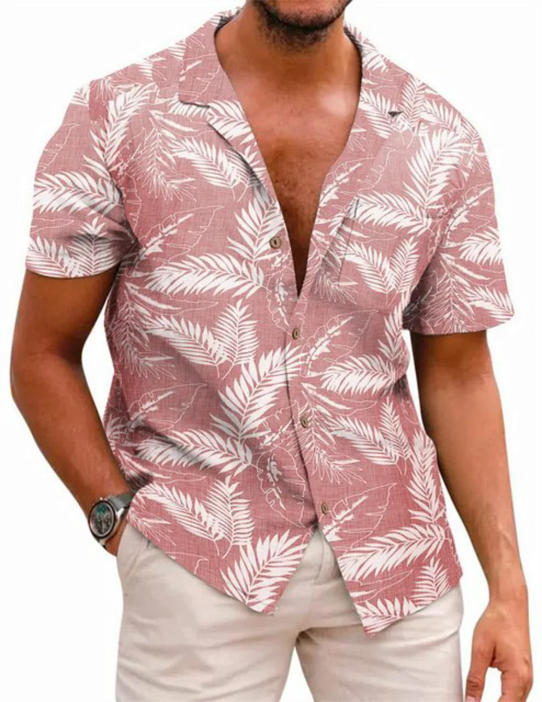 UNAUDY T-Shirt Herren-Strandhemd aus Hawaii-Baumwolle und Leinen günstig online kaufen