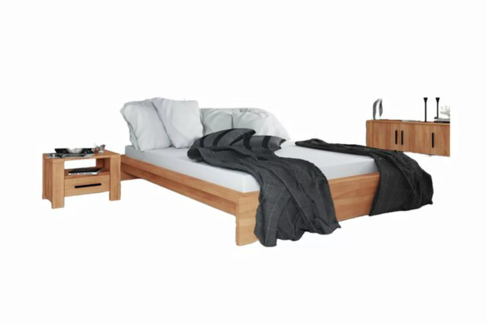 Natur24 Bett Bett Lubic 3 Kernbuche massiv 200x200 ohne Kopfteil mit Holzfu günstig online kaufen