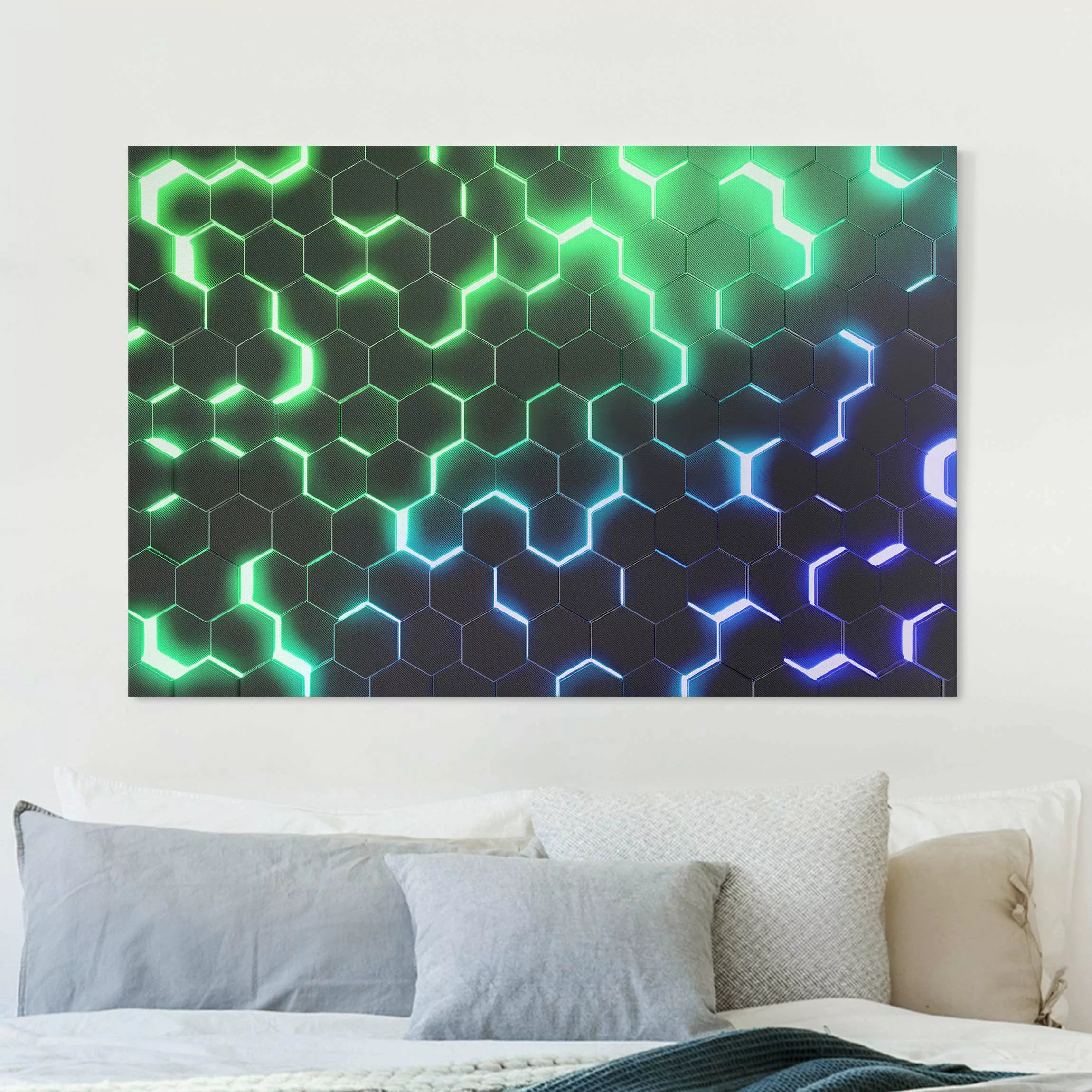 Leinwandbild Strukturierte Hexagone mit Neonlicht in Grün und Blau günstig online kaufen