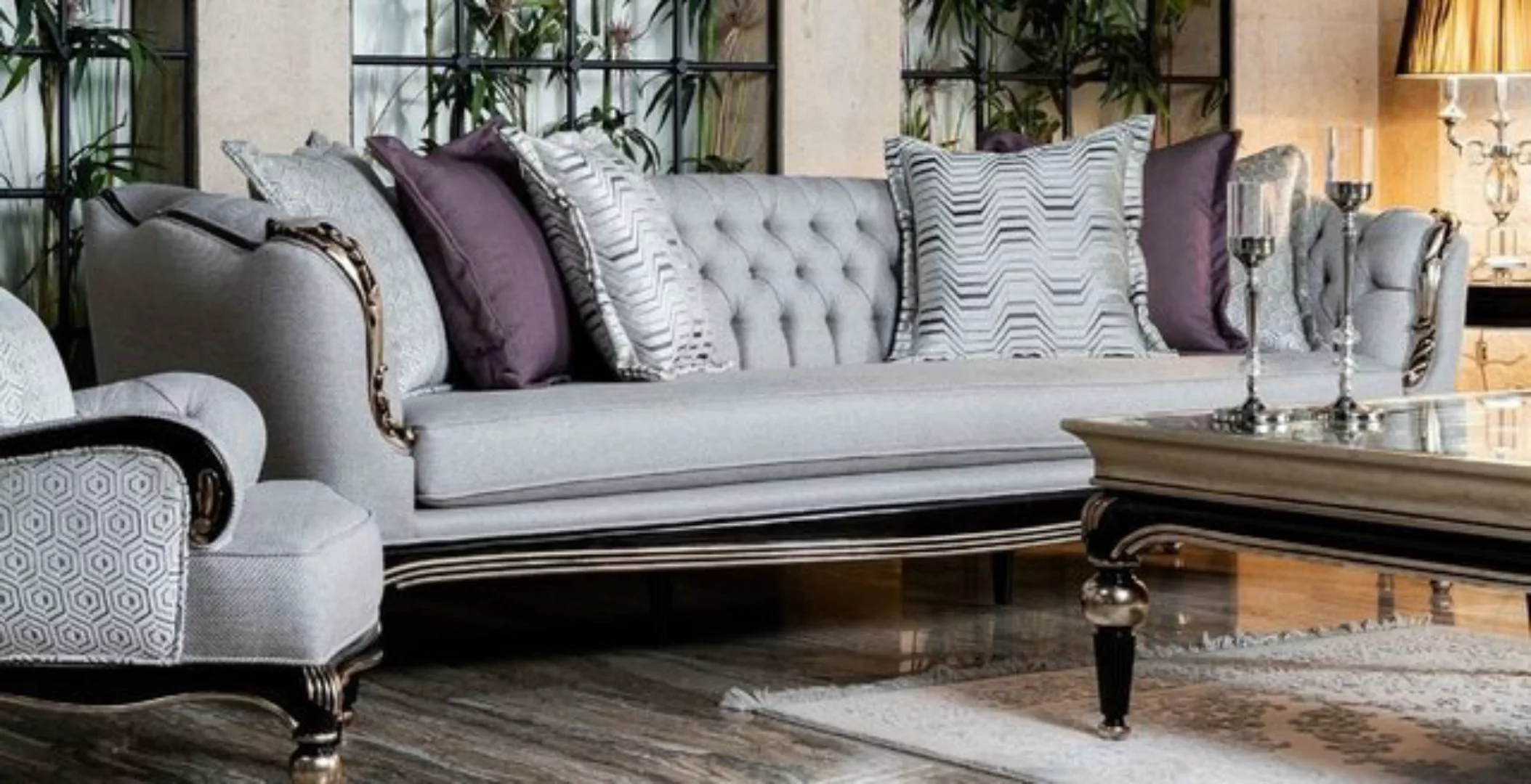 Casa Padrino Sofa Luxus Barock Sofa Grau / Schwarz / Silber - Handgefertigt günstig online kaufen