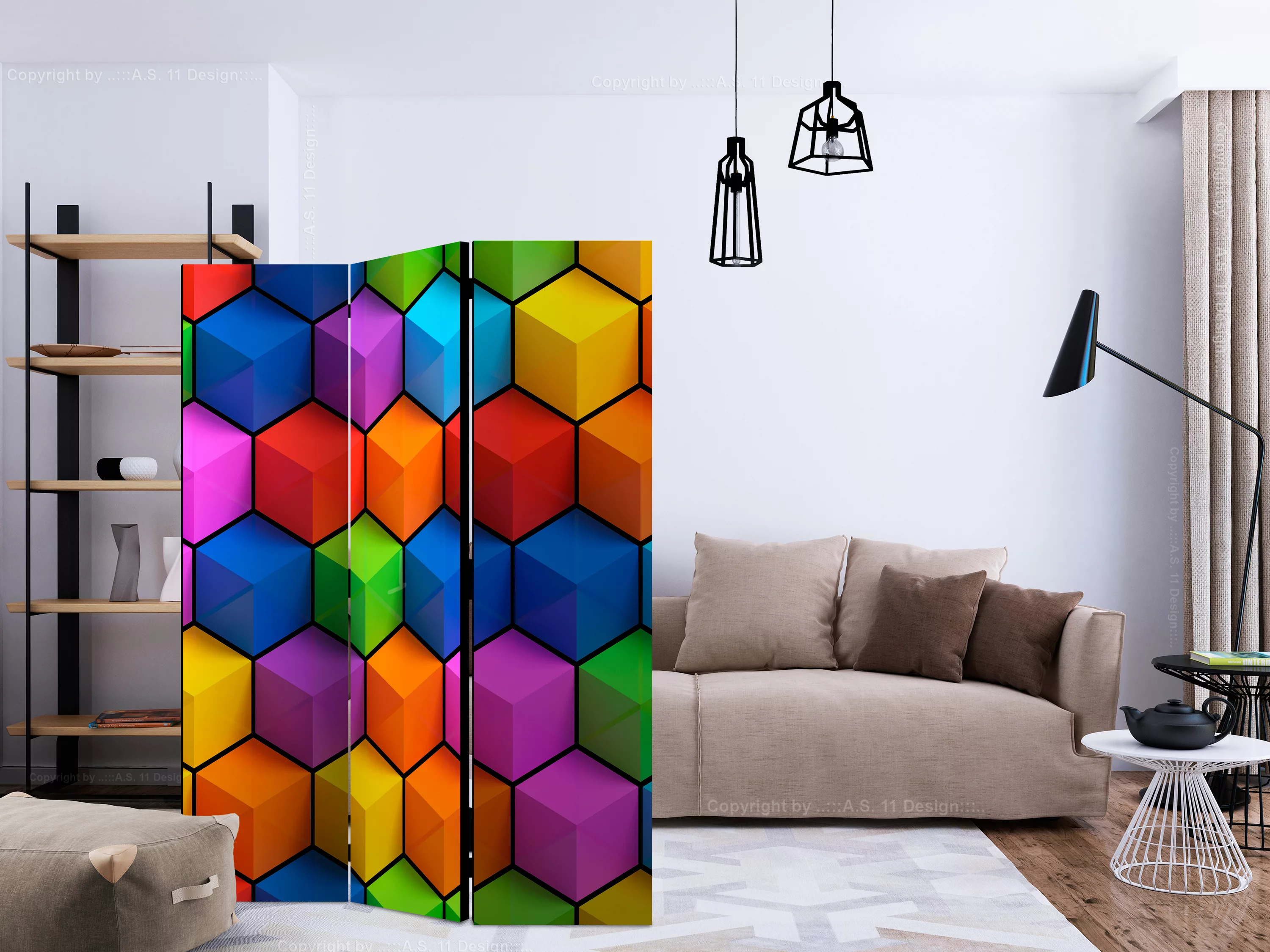 3-teiliges Paravent - Rainbow Geometry [room Dividers] günstig online kaufen