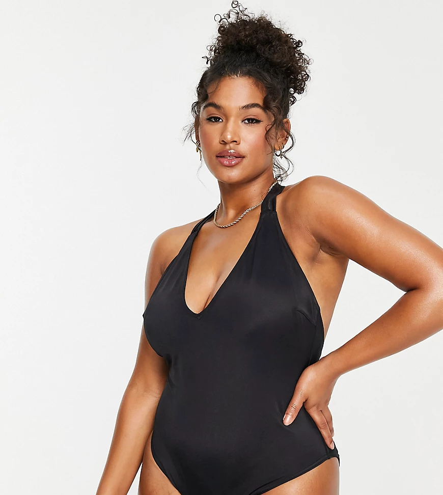 ASOS DESIGN Curve – Badeanzug aus recyceltem Material in Schwarz mit Rücken günstig online kaufen