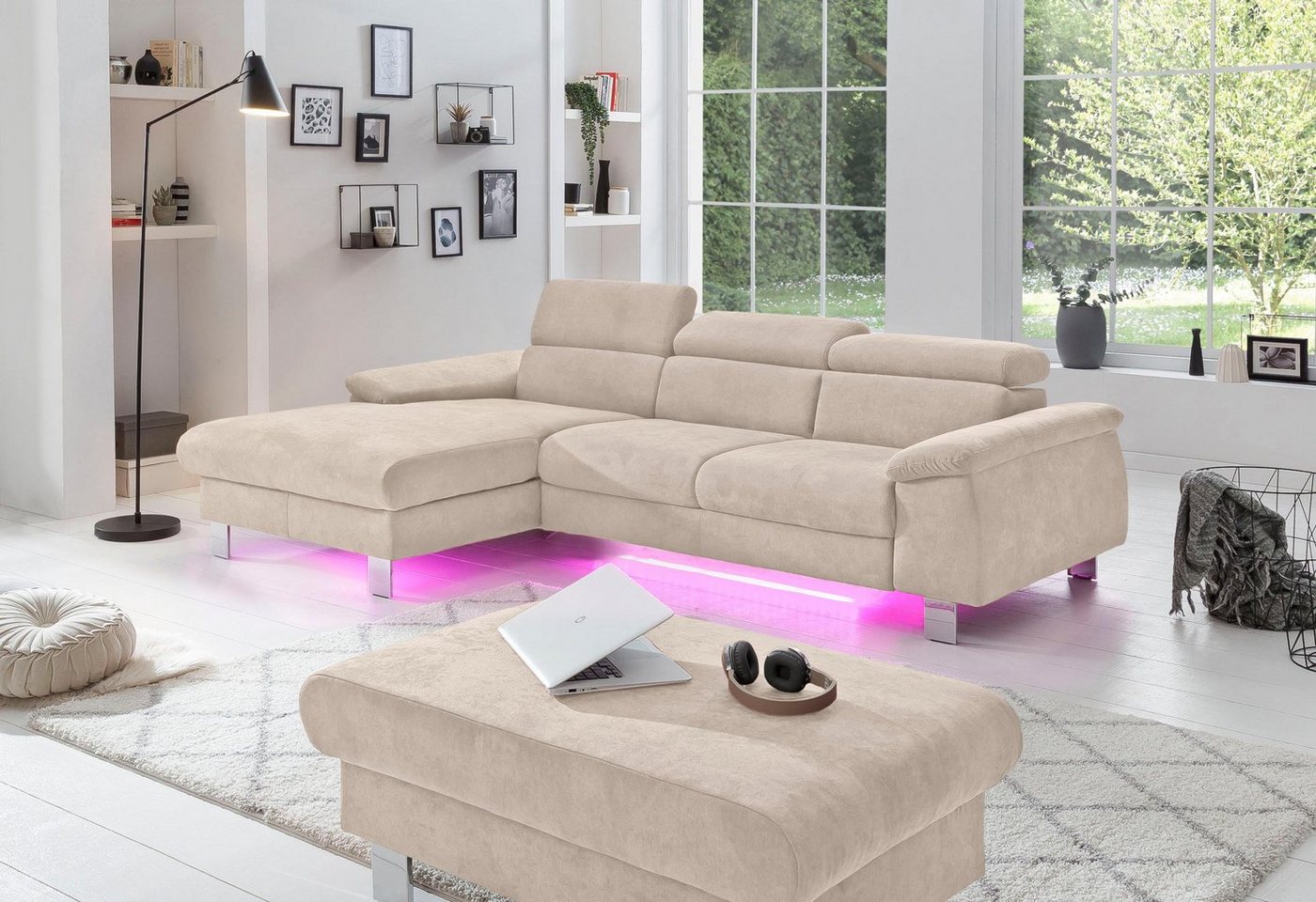 COTTA Ecksofa Komaris, Ecksofa, wahlweise mit RGB-LED-Beleuchtung und Bettf günstig online kaufen