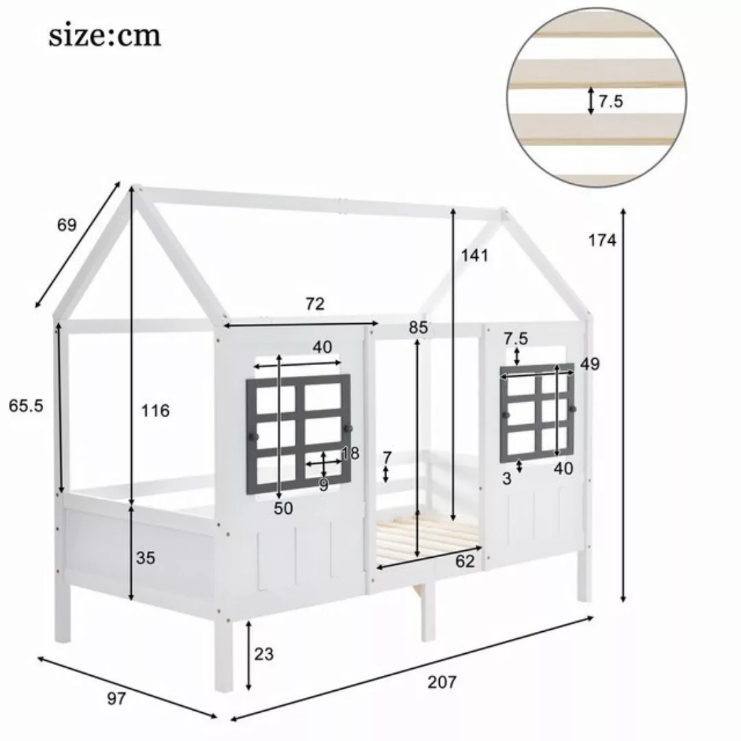 Ulife Kinderbett Hausbett Einzelbett Tagesbett mit 2 Fenstern, weiß, 200x90 günstig online kaufen