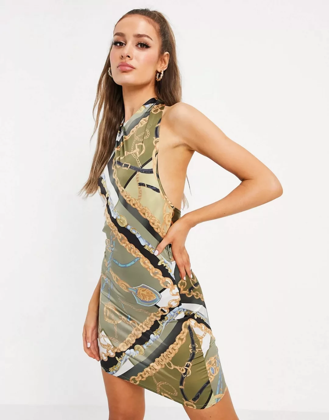 ASOS DESIGN – Neckholder-Minikleid aus Satin mit Schalprint-Mehrfarbig günstig online kaufen