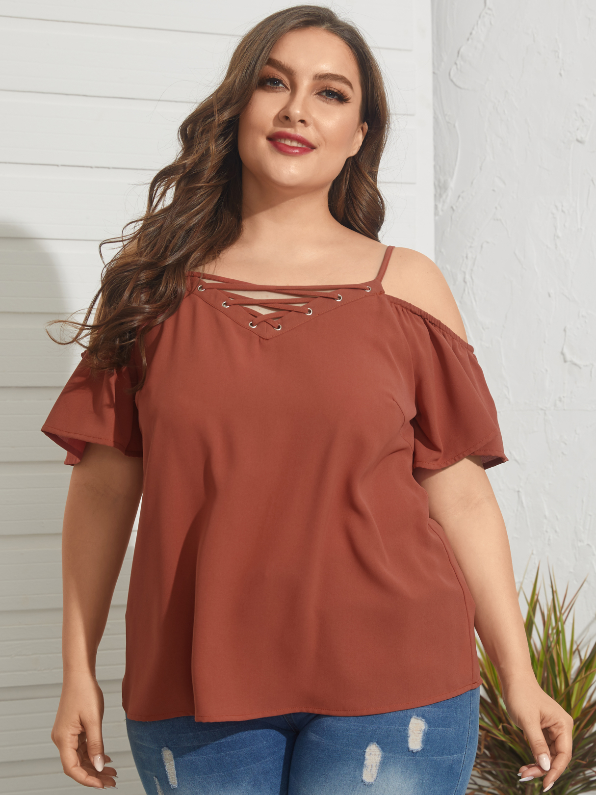 YOINS Plus Größe Cold Shoulder Criss-Cross Kurzarm Bluse günstig online kaufen