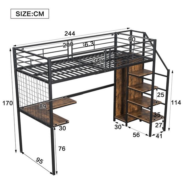Flieks Hochbett Kinderbett Metallbett 90x200cm mit Seitenleiter Tisch Kleid günstig online kaufen