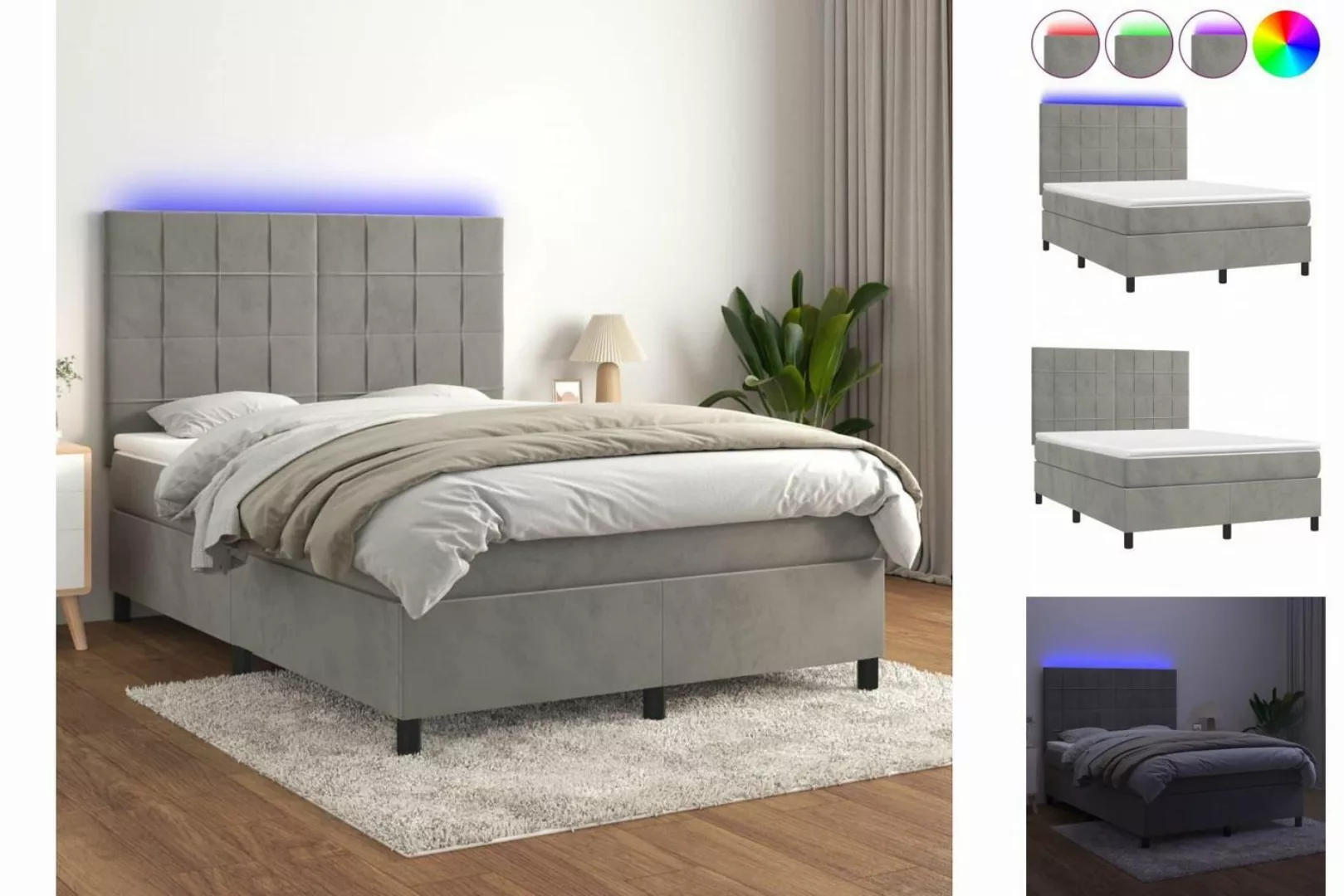 vidaXL Boxspringbett Boxspringbett mit Matratze LED Hellgrau 140x190 cm Sam günstig online kaufen