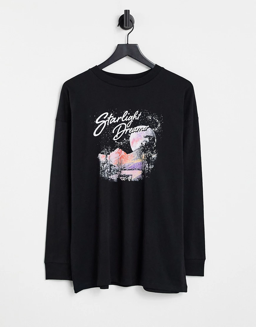Cotton On – Locker geschnittenes, langärmliges Boyfriend-Shirt in Schwarz m günstig online kaufen