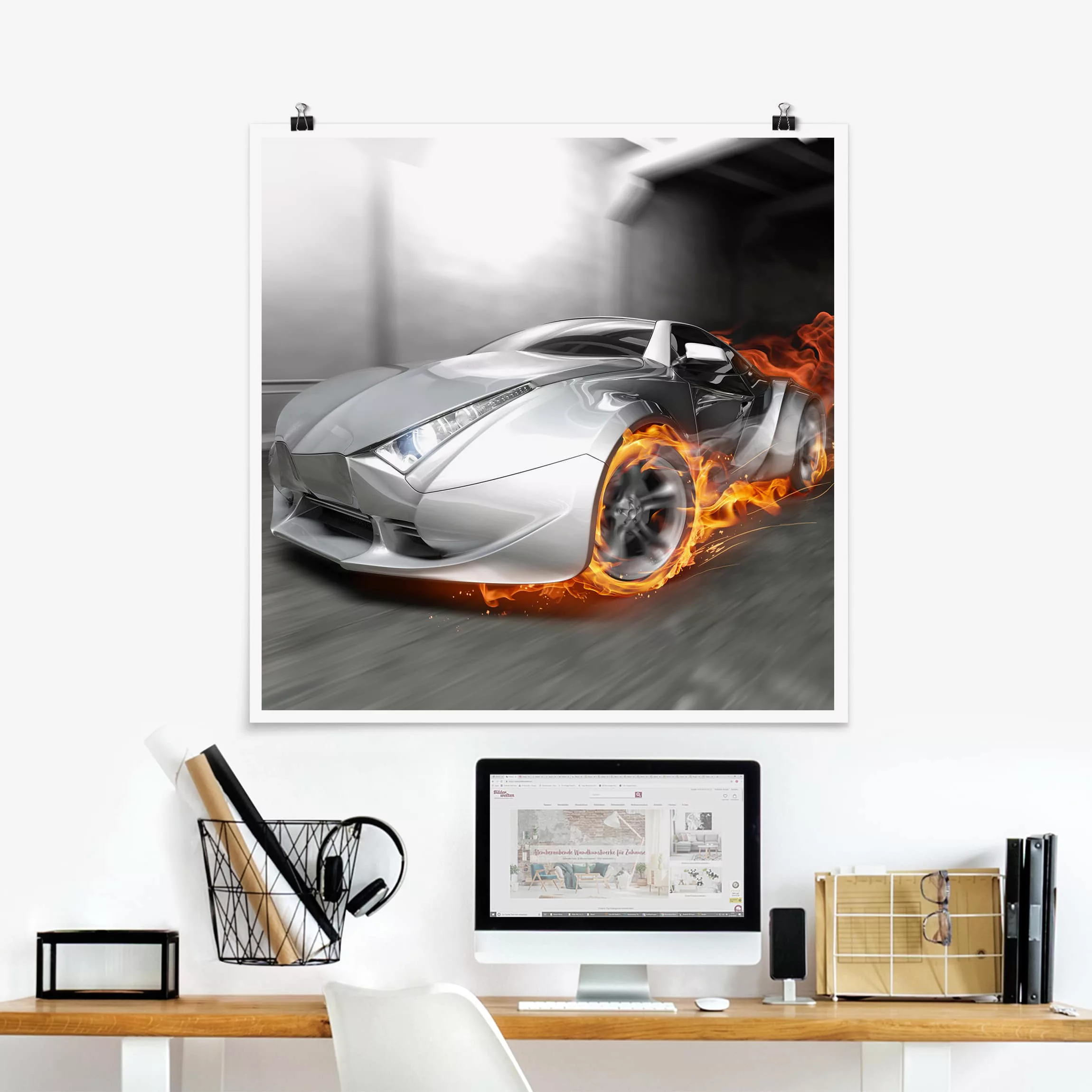 Poster Kinderzimmer - Quadrat Supercar in Flammen günstig online kaufen